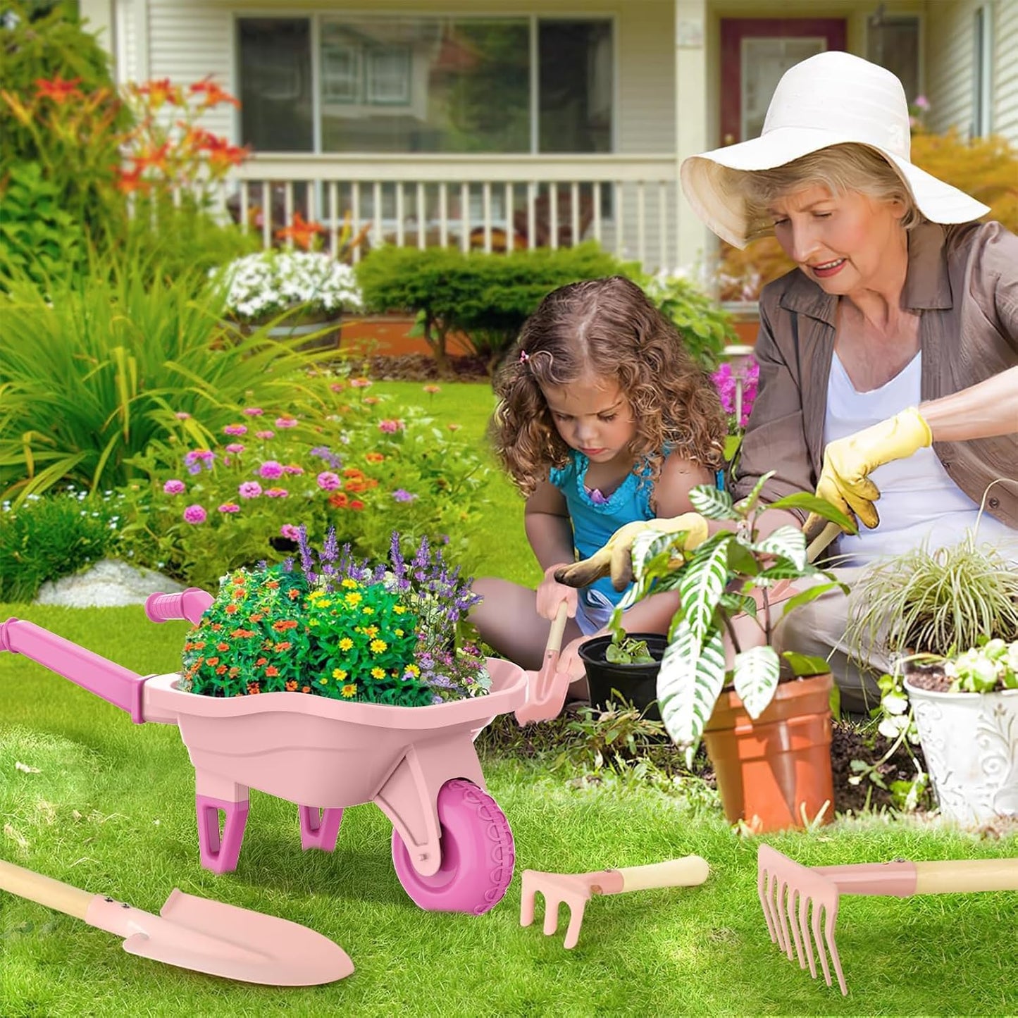 Kids Gardening Set with Wheelbarrow, Real Metal Garden Tools for Kids Ages 3-8, 4 Long Handle Tools, 3 Hand Tool, Gloves, 5 Stickers, Handbook, Outdoor Backyard Toys for Toddler Gift