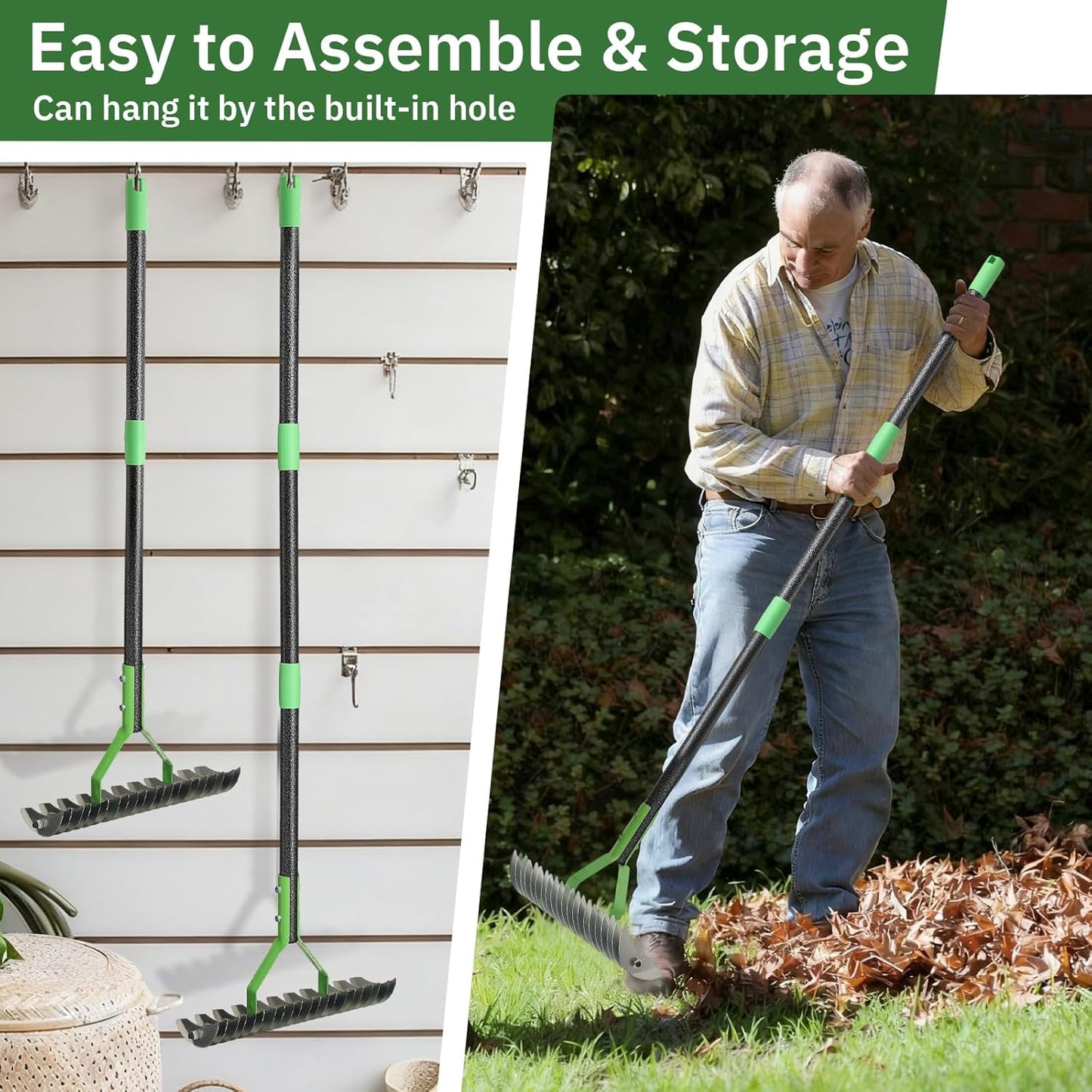 Thatch Rake, 13" Wide Efficient Dethatcher Rake with 70" Adjustable Long Handle, Heavy Duty Steel Metal Dethatching Rakes for Cleaning Dead Grass, Loosening Soil, Lawn Care in Yard Garden