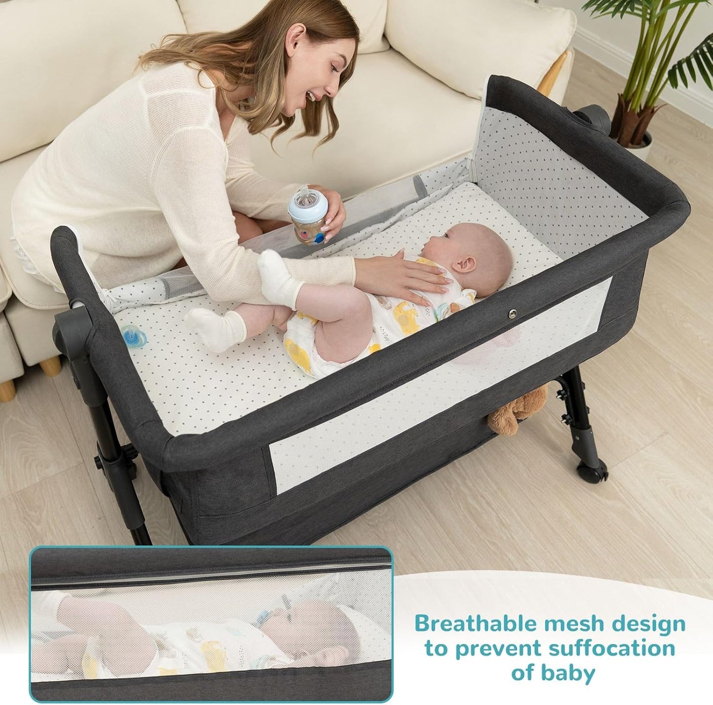 BCOL Baby Bassinet, Bedside Bassinet for Baby, 3 in 1 Bassinet Bedside Sleeper with Wheels, Mosquito Net, Adjustable Easy Folding Portable Bed for Infant Newborn (Dark Grey)