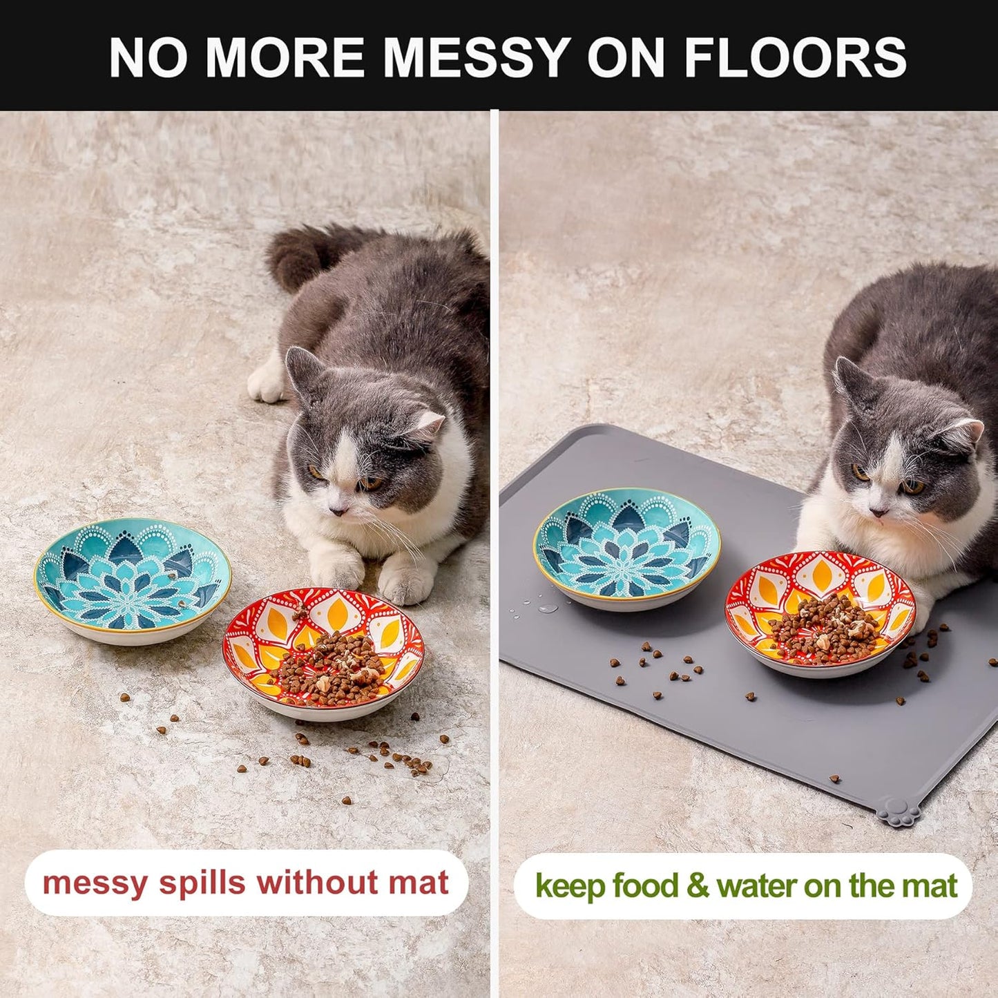 Boho 5 Ceramic Cat Bowls with Silicone Mat, 5.5 inch Wide Shallow Cat Food Bowl for Whisker Relief