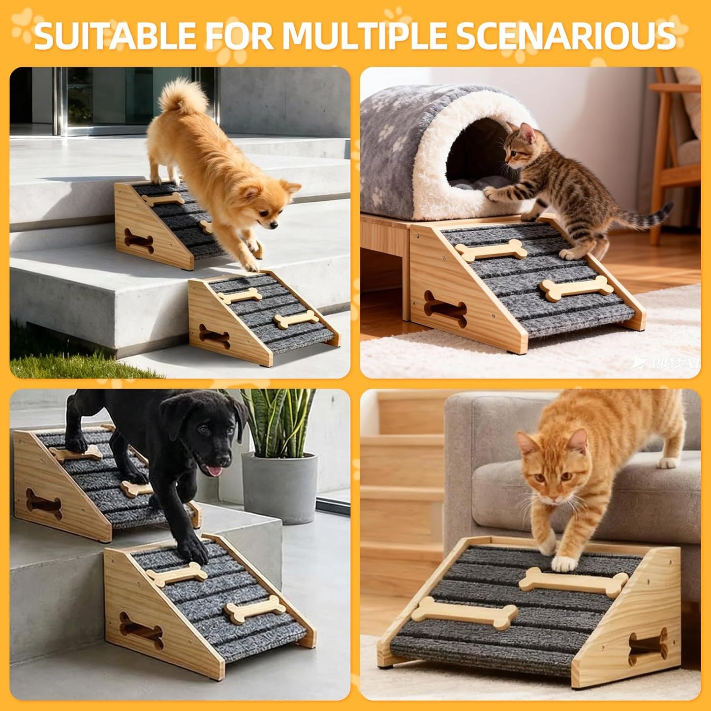 2-Pack Wooden Dog Ramp for Stairs - Natural Pine Wood Pet Step Ramp with Anti-Slip Bone Strips & Felt Padding, Stair Wedge for Small Medium Dogs, Indoor Home Safety Access for Injured Dogs