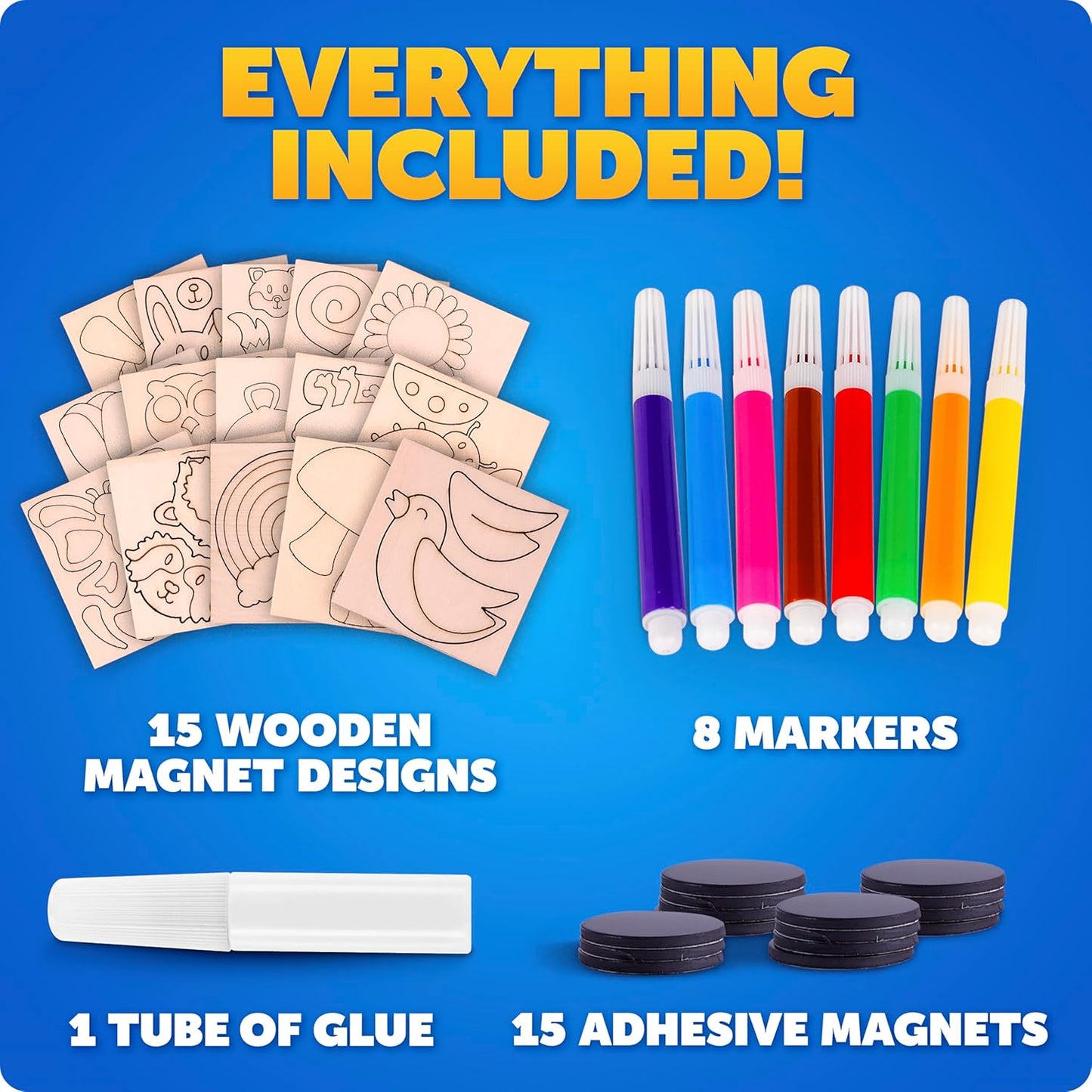Blue Marble Wooden Magnet Craft Kit - Create & Paint 15 Nature-Themed Designs with 8 Watercolor Pens, Art Kit, DIY Magnets Project for Kids, Painting Activity, Easter Basket Stuffers
