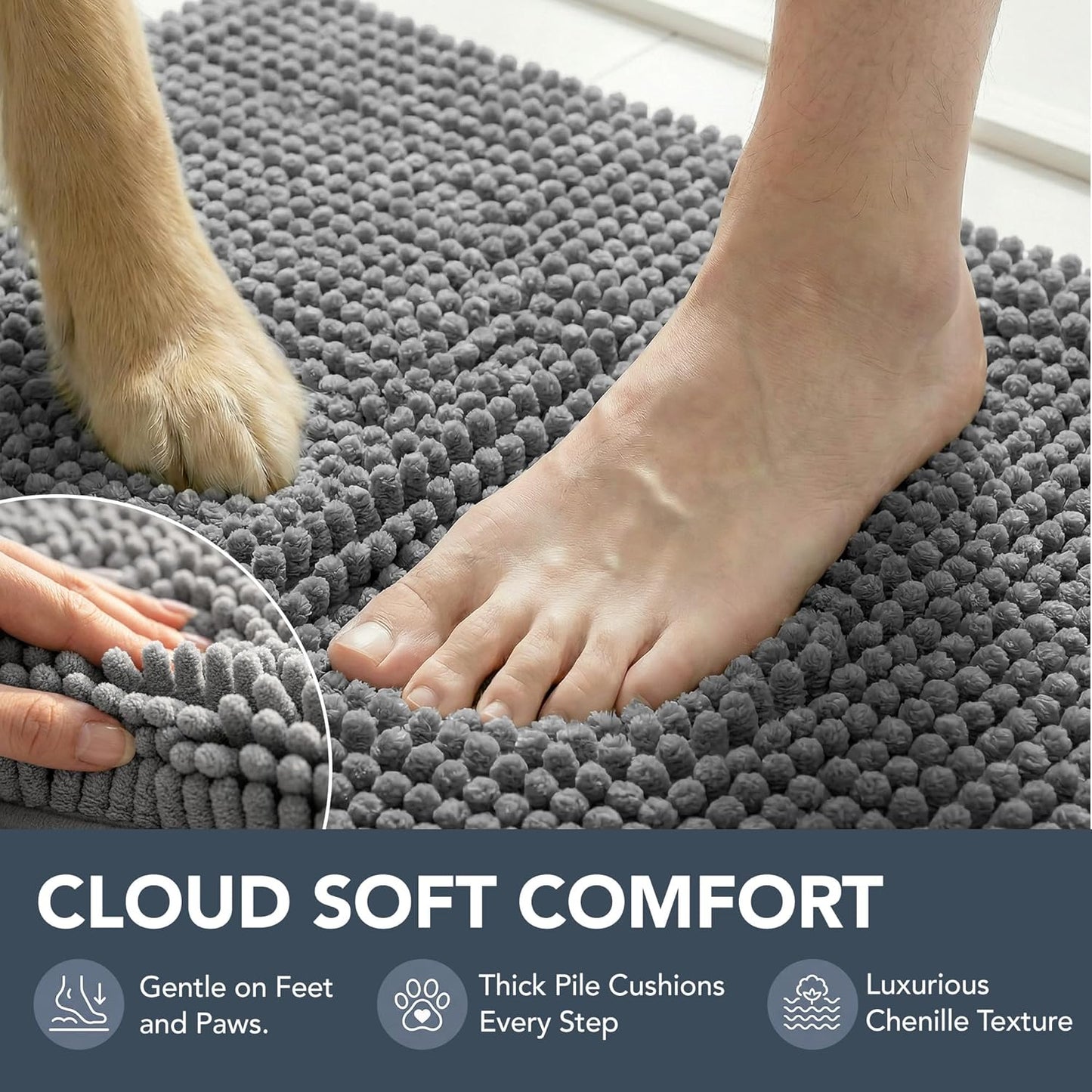 Deconovo Waterproof Dog Mat for Muddy Paws, Absorbent Non-Slip Door Mat for Dogs, 1.1" Thick Plush Pet Bed Mat, Machine Washable Quick Dry Entryway Rug, Gray, 32x20 Inch