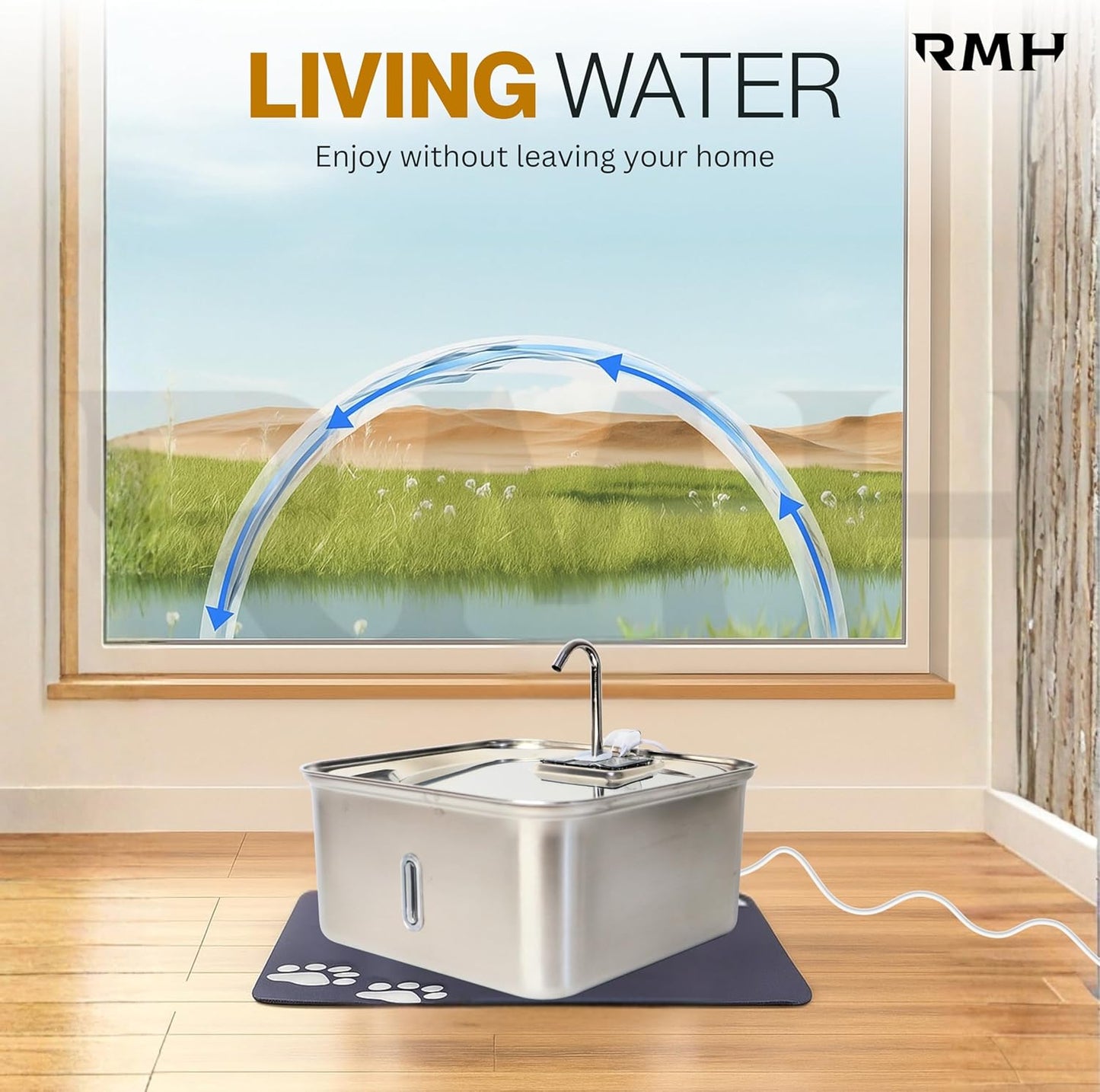 RMH 7L Stainless Steel Dog & Cat Water Fountain with Large Waterproof Mat – Automatic Pet Drinking Fountain for Large Dogs & Multi-Pet Homes, Quiet Pump, 3-Stage Filtration, LED Water Window