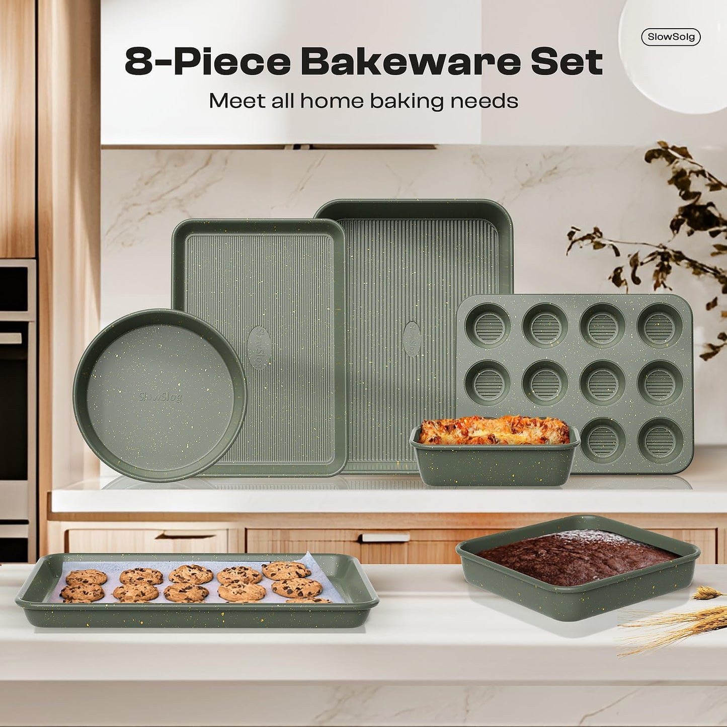12-Piece Nonstick Baking Set, Non-Toxic Bakeware Sets with Baking Sheet, Cake Pan, Square Pan, Loaf Pan, Roasting Pan, Muffin Pan, Cookie Sheet, Cooling Rack & Kitchen Utensilss - Ceramic Coated Green