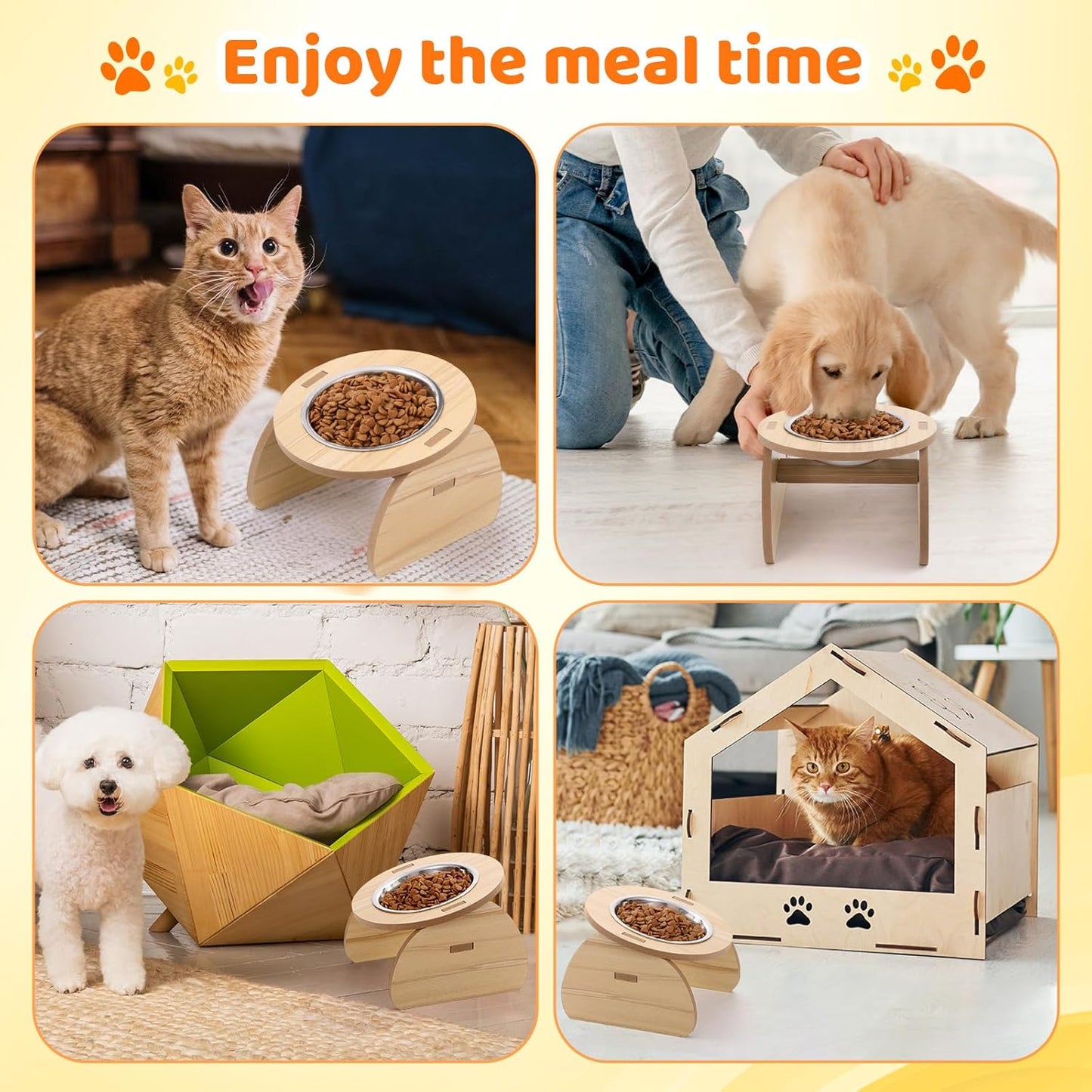 4 Pcs Elevated Stainless Steel Cat Bowls Bamboo Cats Feeding Station Stand, 15°Tilted 5.7 Inches Shallow Wide Raised Metal Cat Bowls for Pet Water Food Shelf Dishes for Indoor Cats Puppy