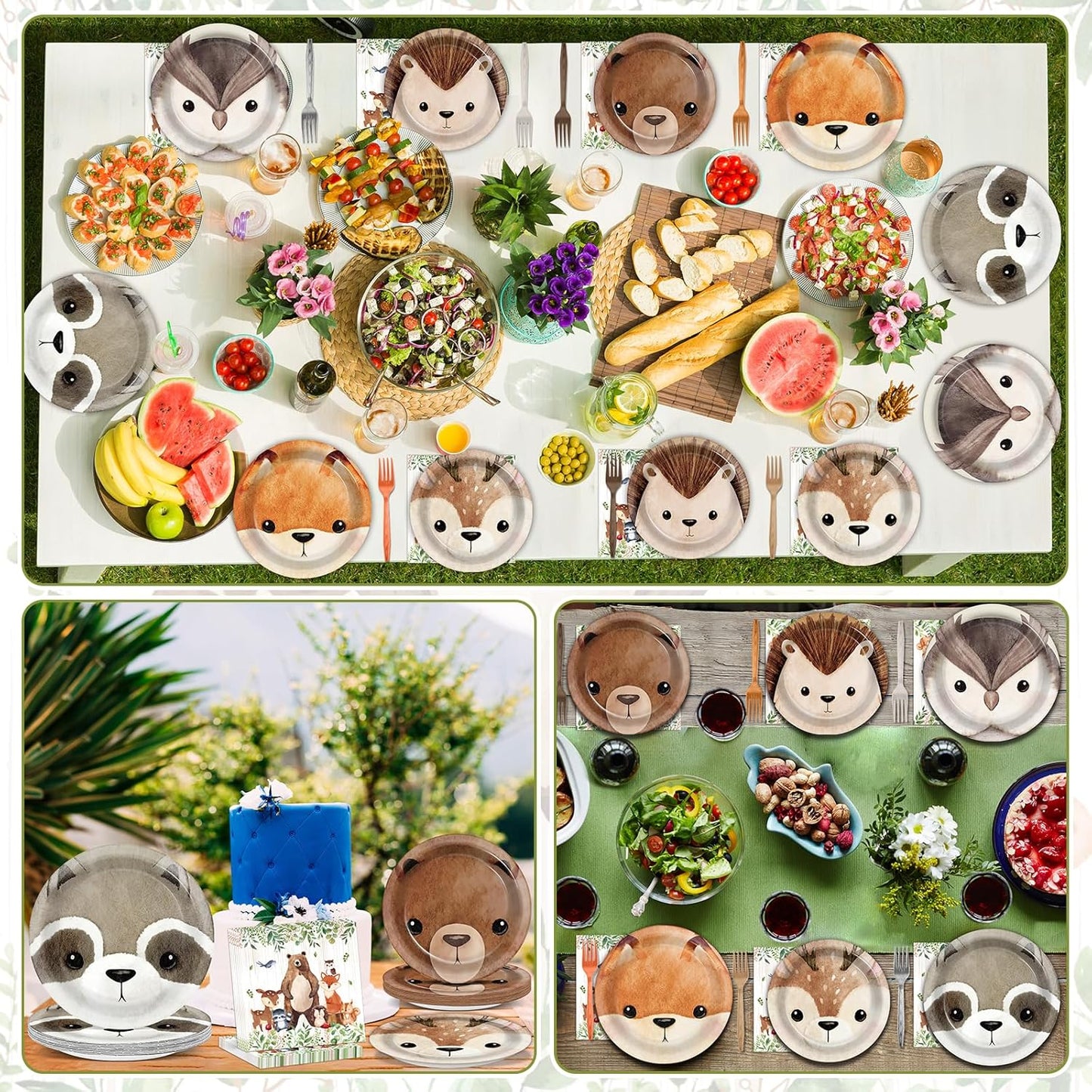 96Pcs Woodland Party Paper Plates and Napkins for Animal Party Decorations Woodland Creatures Dessert Plates Disposable Tableware for Kids Serves 24 Baby Shower Birthday Forest Animal Themed Supplies