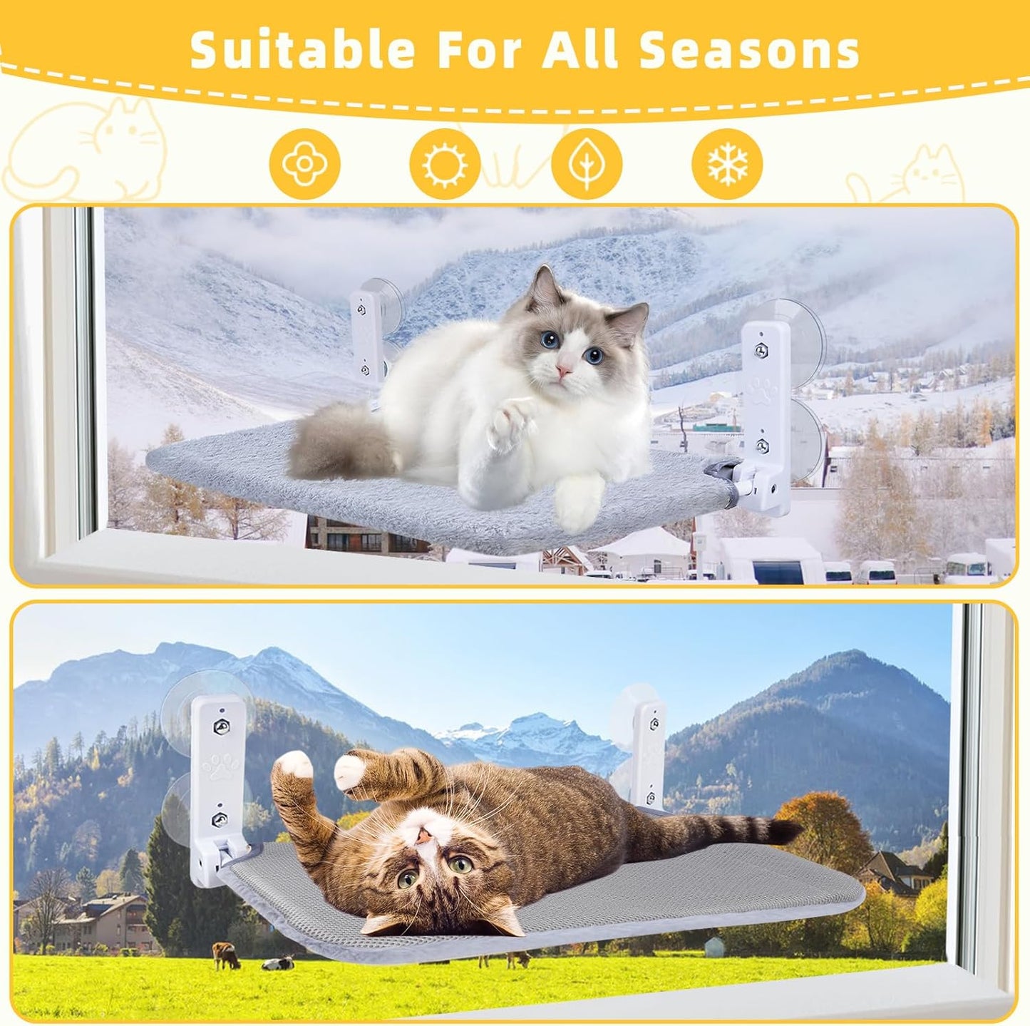 Cat Window Perch, Foldable Cat Window Hammock Sunbathing and Climbing Cats Hammock for Window Bed Bearing 40 Pounds Window Perch for Cats Inside 2-in-1 Reversible Cover (Light Gray)