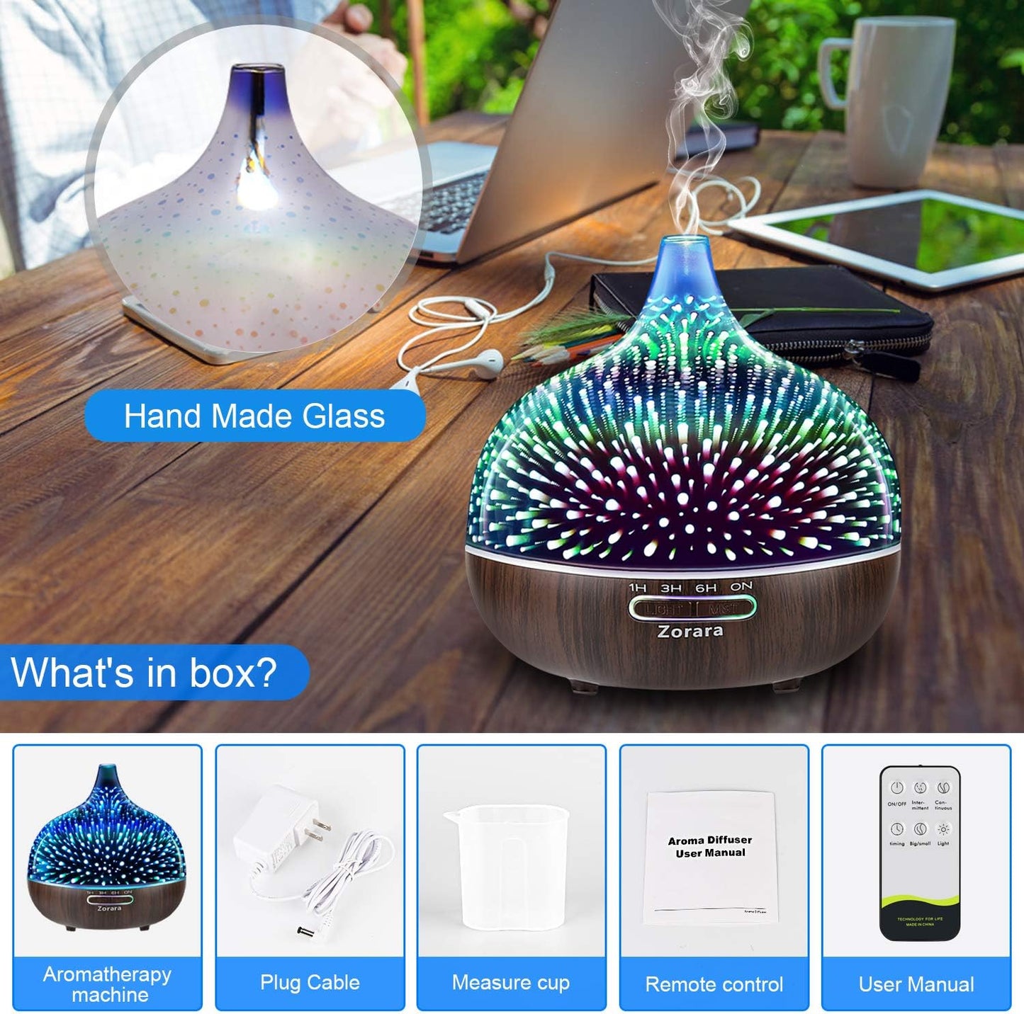 Essential Oil Diffuser 550ml Cool Mist Humidifier 3D Glass Ultrasonic Aromatherapy Humidifier with 7 Color Changing Led Lights, Waterless Auto Shut-Off, Adjustable Timer for Home Bedroom Office