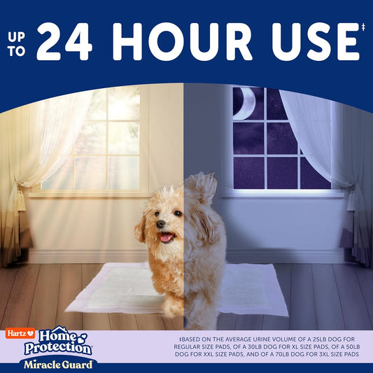 Hartz Miracle Guard Dog and Puppy Dog Pads Max Absorbency 24 Hour Use Odor Eliminating Lavender Scented No Leaks, Regular Size 25 Count