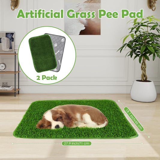 Dog Grass Pad with Washable Pee Pad - 28"x18" Artificial Grass Puppy Training Mat, Non-Slip & Super Absorbent, Reusable Indoor/Outdoor Potty Solution for Small/Medium Dogs