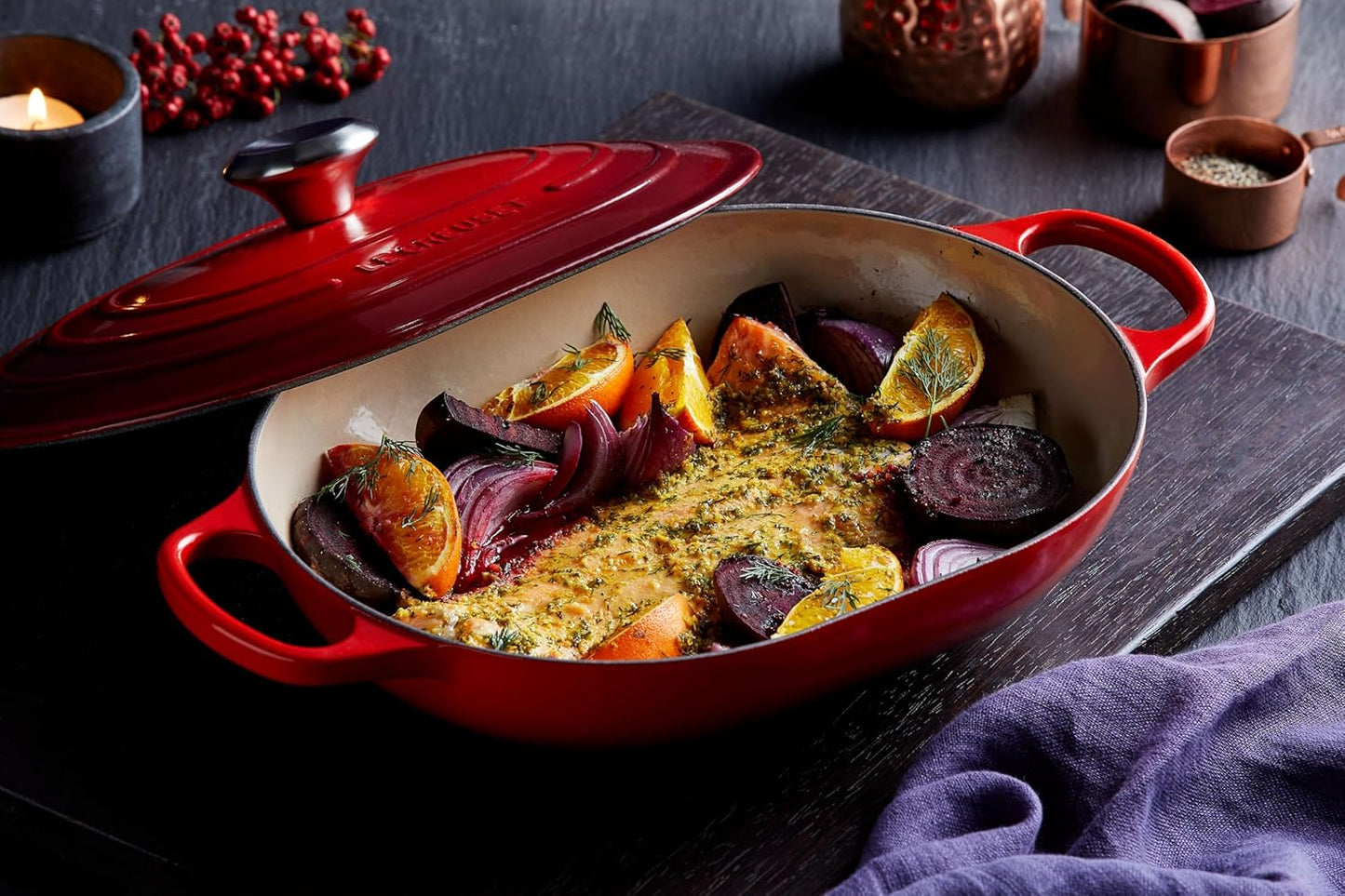 Le Creuset Enameled Cast Iron Signature Oval Casserole with Lid, 3.75 Quart, Cerise