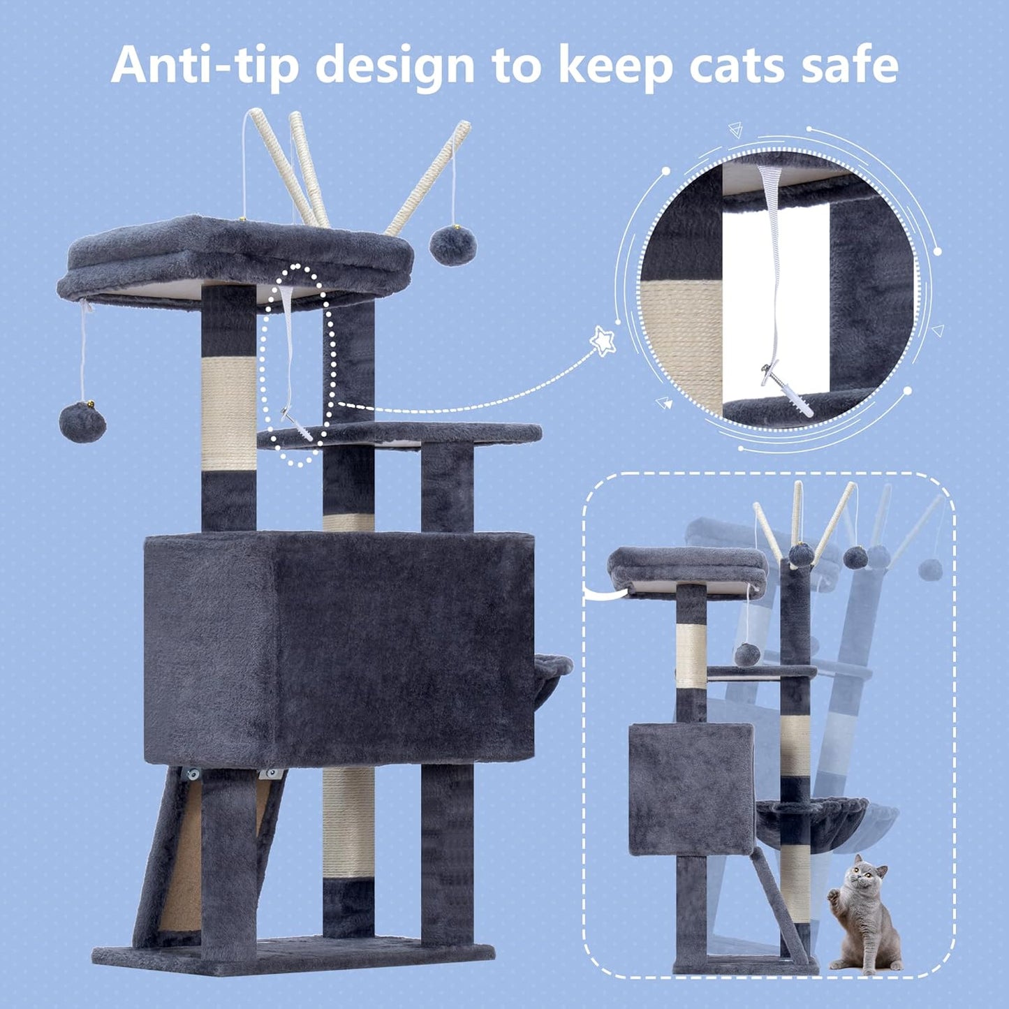 Hey-brother Cat Tree Tower, Scratching Posts with Removable Toys, Cozy Condo, Platform, Hammock, Sisal Scratch Board and Ball for Indoor Kittens, 41.3 Inches, Smoky Gray MPJ008SG