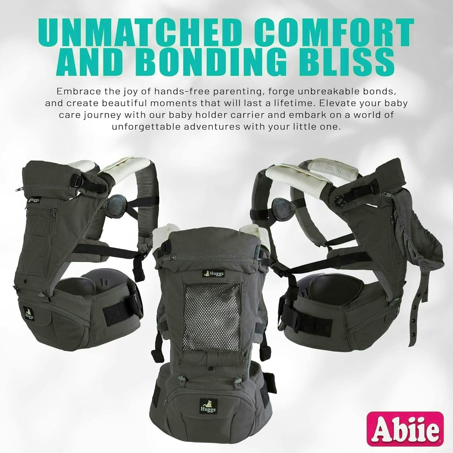 Abiie HUGGS Baby Carrier 3-Months to Toddler with Hip Carrier - Convertible 4-in-1: Front Facing, Inward Facing, Hip Seat, Back Carry - Ergonomic Lumbar Support, Neck Support, Safety Approved