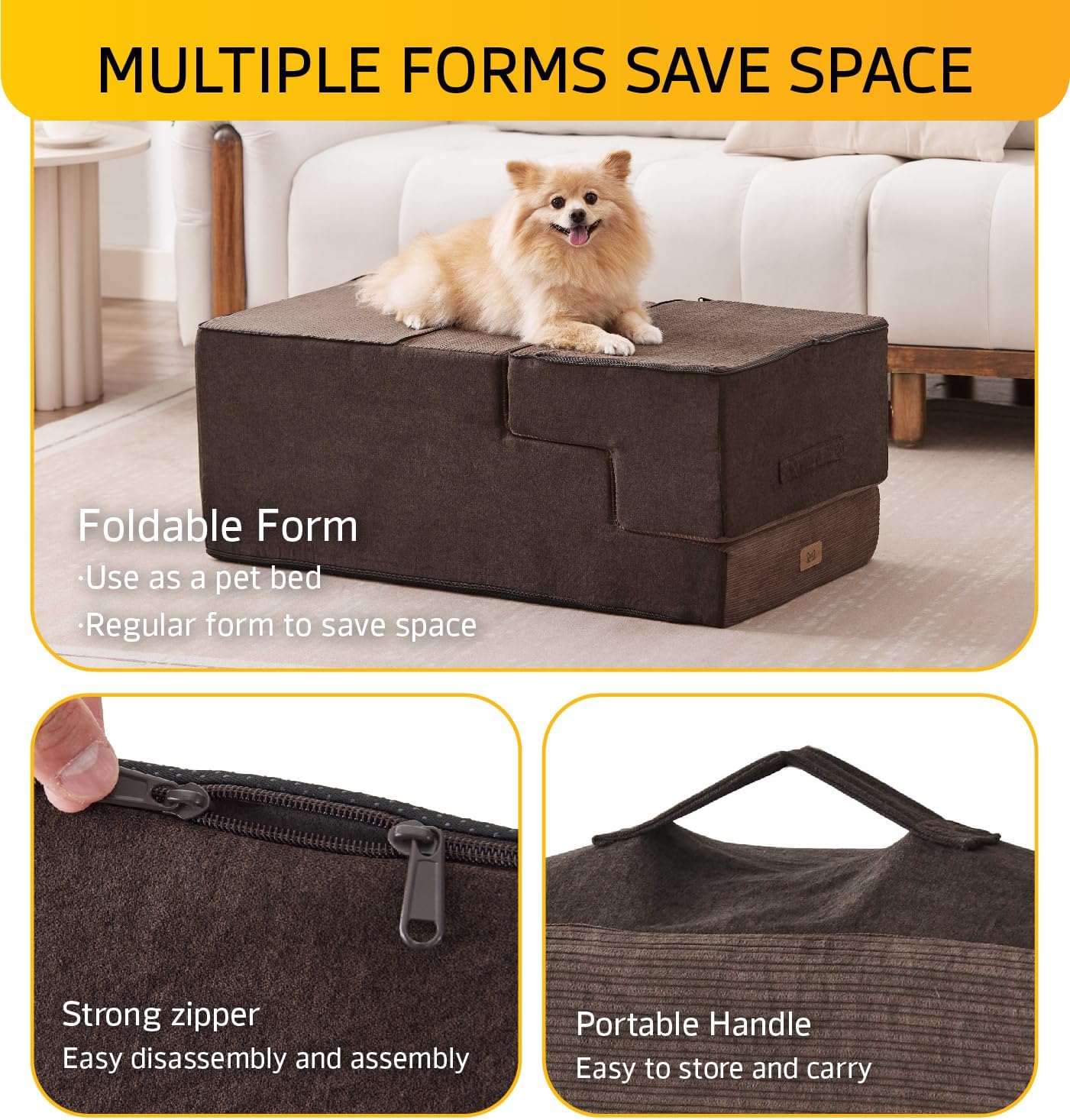 Dog Stairs for High Bed, Dog Steps for Bed Couch Sofa, 35D Foam Extra Wide Pet Steps for Small Dogs and Cats, Pet Stairs with Non-Slip Bottom Brown, 4 Steps