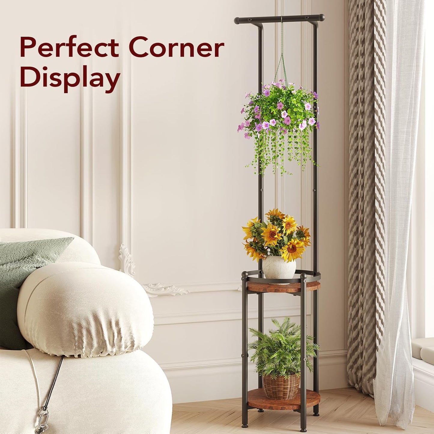 Plant Stand Indoor Outdoor - Heavy Duty Metal 2-tier Hanging Plant Holder Space-Saving Iron Plant Stands Tall Plant Shelf for Living Room Garden Balcony(Rustic Brown and Black)