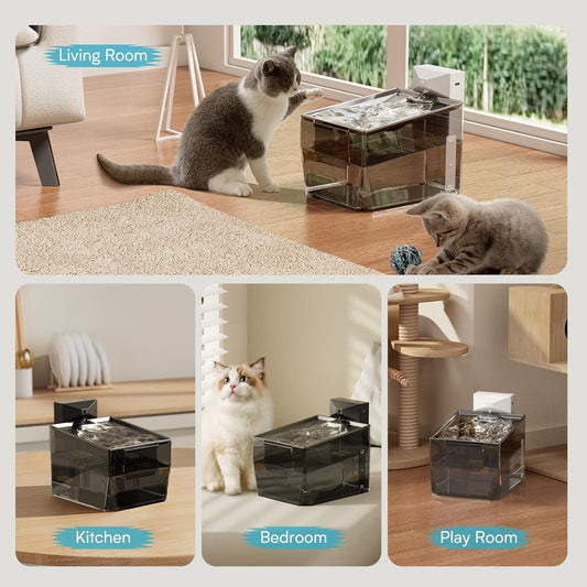 Cat Stainless Steel Water Fountain for Cats Inside,Wireless Pet Water Fountain,2.2L/74oz Automatic Cat Fountains for Drinking with Wireless,Easy Cleaning White