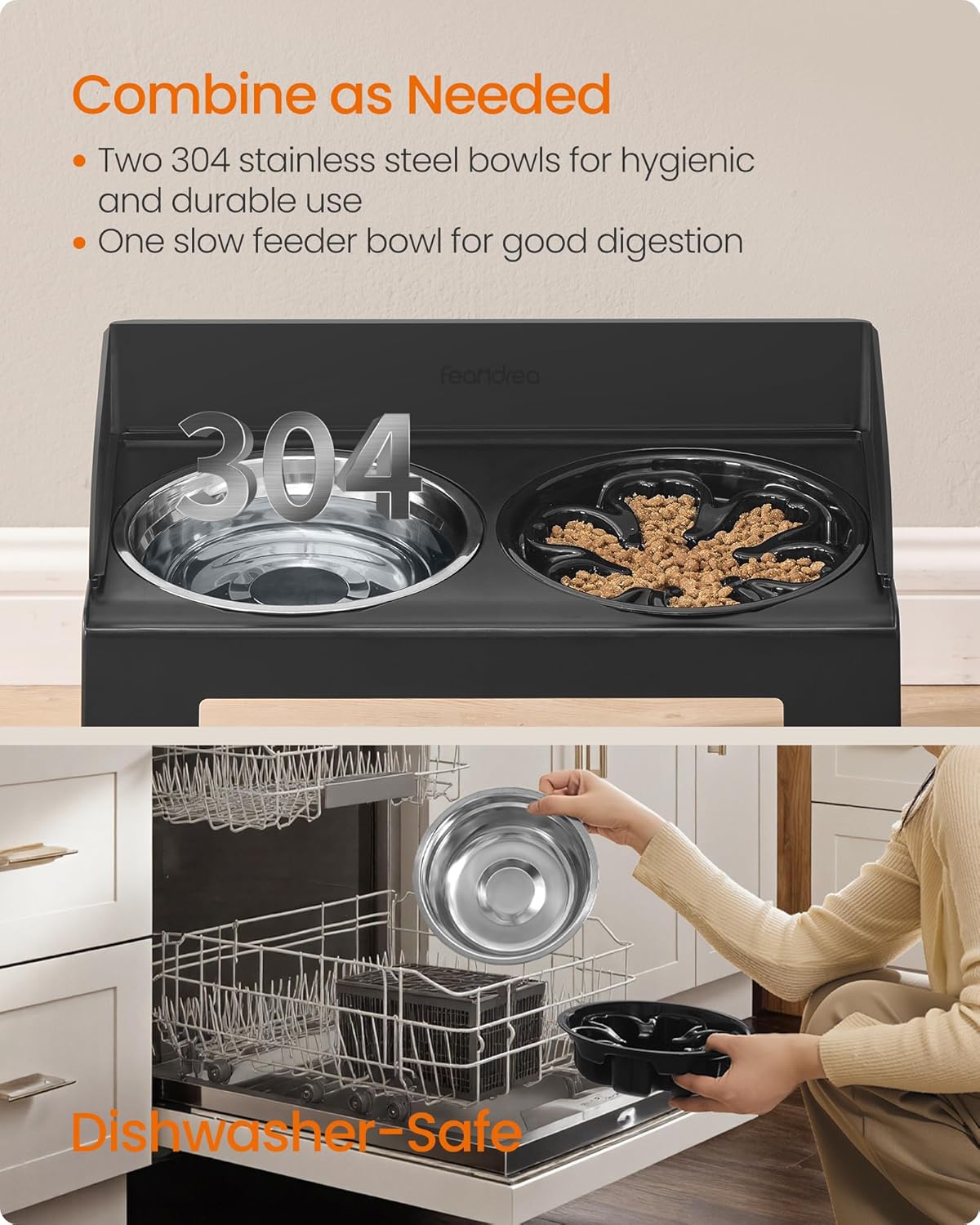 Feandrea Dog Bowls Elevated, Raised Stand with 1 Slow Feeder and Two 304 Stainless Steel Bowls, Adjustable Height and Tilted Design, Ink Black UPRB103B01
