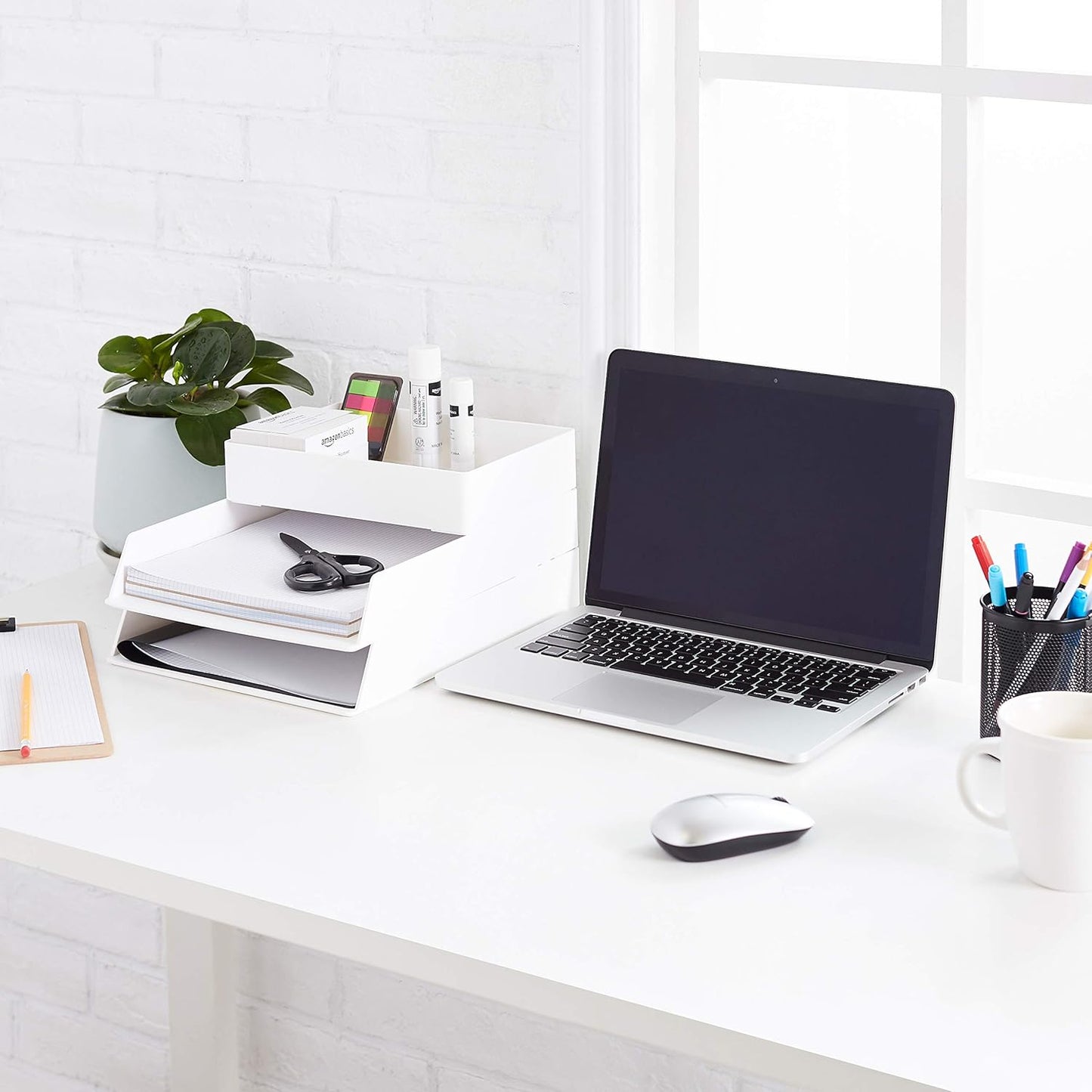 Amazon Basics Rectangular Plastic Desk Organizer with Storage Trays, Accessory Tray, Drawer Organizer, 9.4 x 6.7 x 2 inch, White