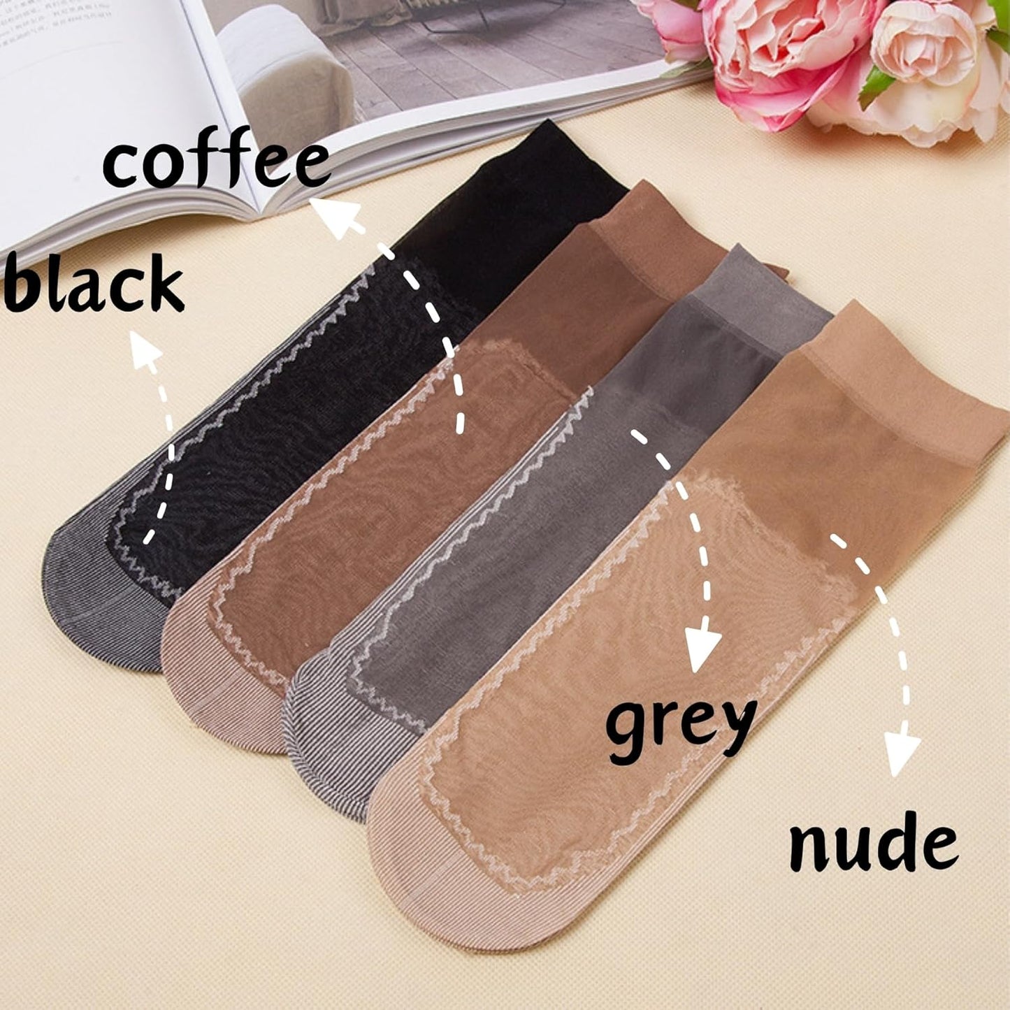 12 Pairs Nylon Socks for Women, Antil-Slip Thin Ankle High Tight Socks w/Reinforced Sole and Toe, by Daisy&Dino