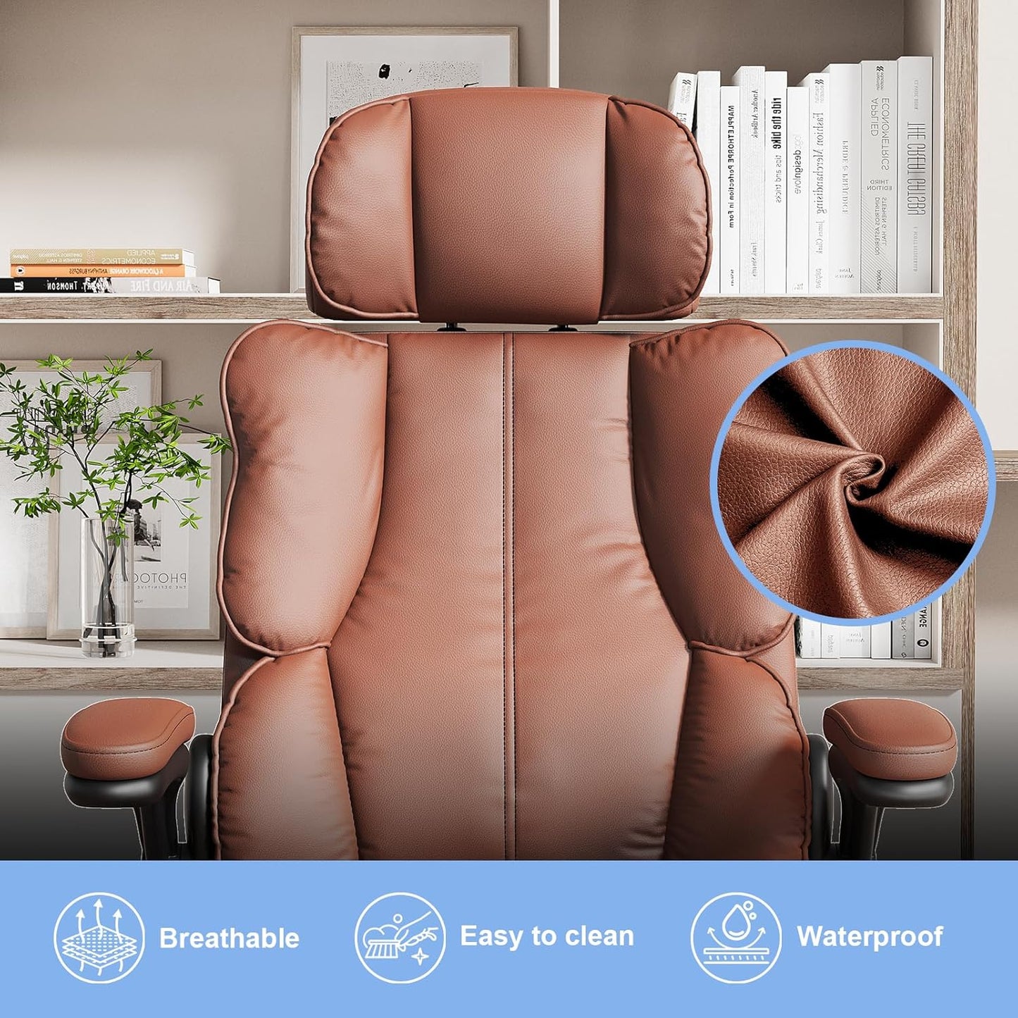 Executive PU Leather Office Chair, Computer Chair with Thick Cushion & Lumbar Support, Ergonomic Desk Chair with Adjustable Headrest & Armrests,Brown