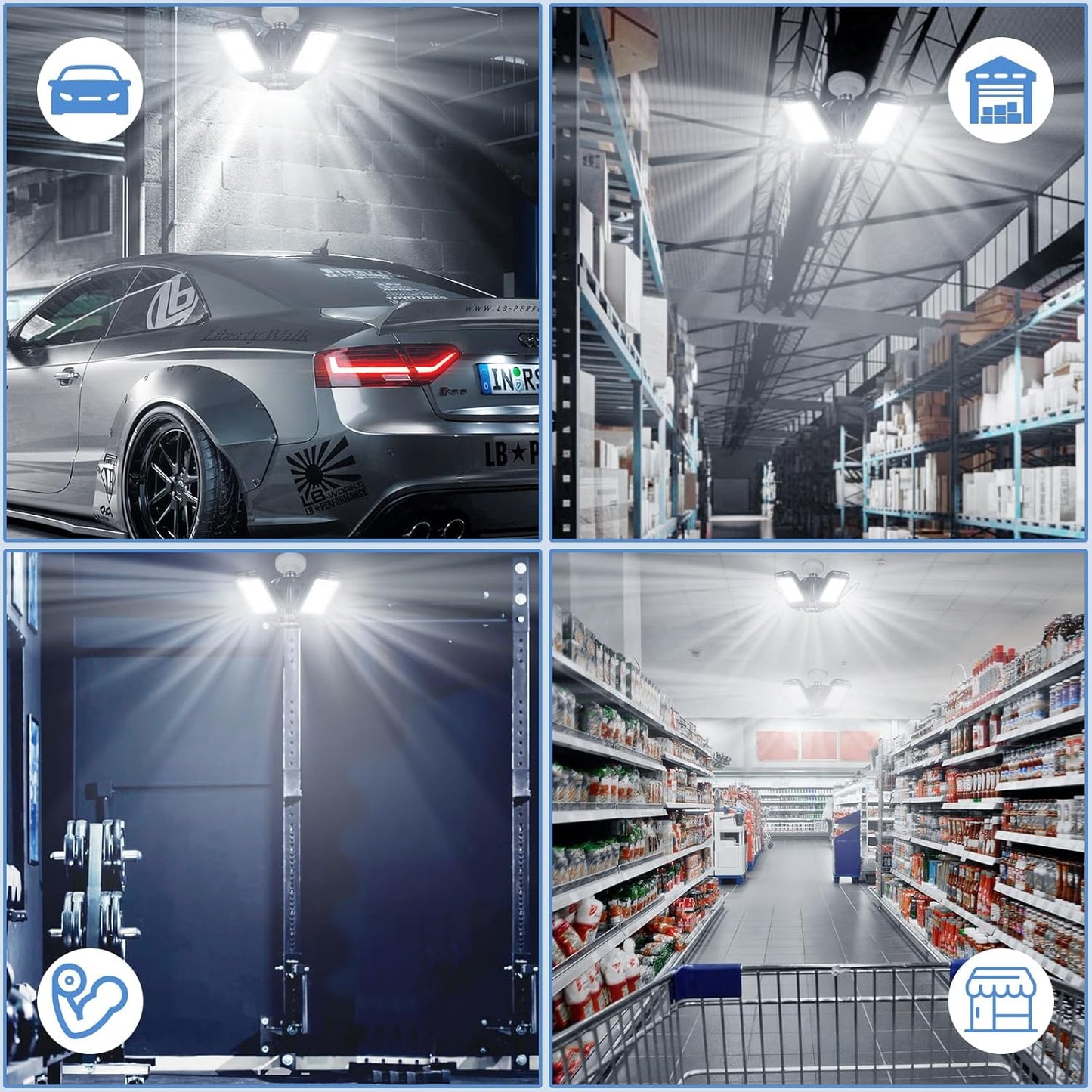 LED Garage Lights Bulb 4 Pack -80W, 8000LM 6500K Led Shop Light with 3 Deformable Panels, Basement Barn Light Garage Ceiling Lights, E26/E27 for Garage, Warehouse, Shop, Basement