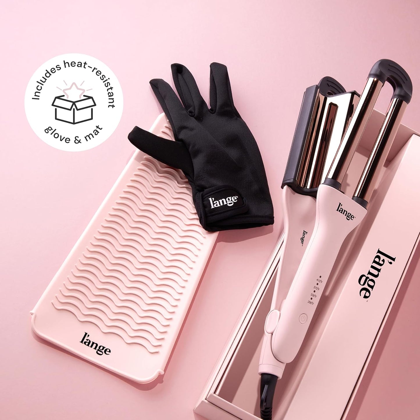 L'ANGE HAIR VersaWaver | 2-in-1 Adjustable Titanium Hair Waver & Crimper | 19mm & 32mm Barrels for Beach Waves & Defined Crimps | 3 Barrel Hair Tool with Heat Glove & Mat, Dual Voltage | Blush