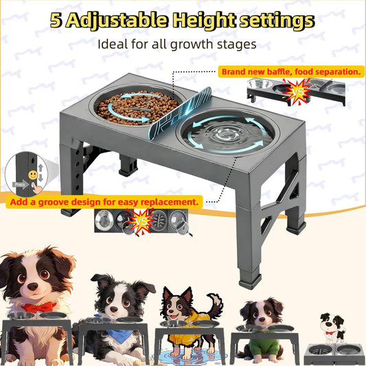3-in-1 Elevated Slow Feeder and Water Bowls for Dogs, 4 Height Adjustable Raised, Separate Dry and Wet Areas, Prevent Water Overflow, Foldable Pet Bowl