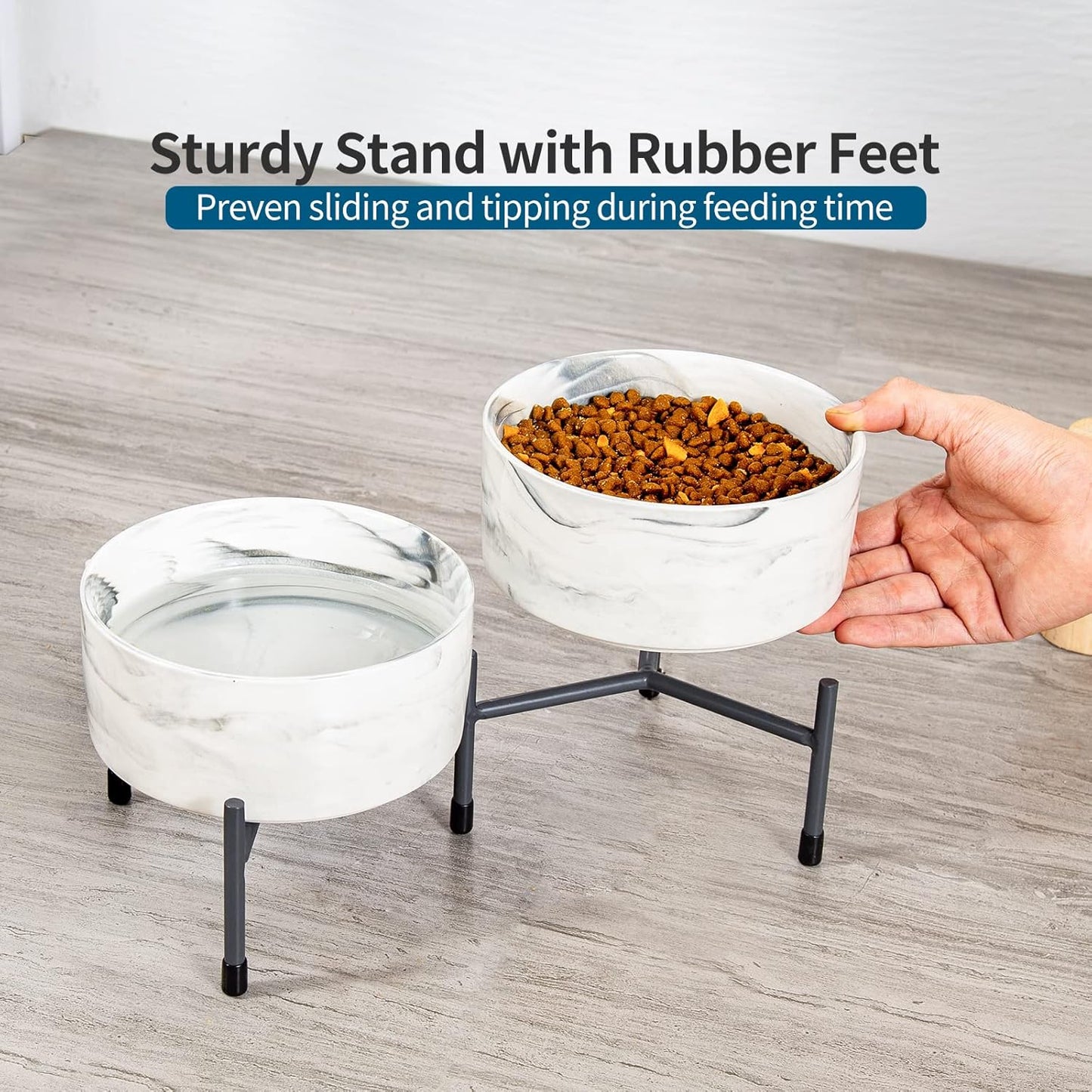 TAMAYKIM 32 oz Ceramic Dog Cat Bowls with Elevated Metal Stand, 6 Inch Porcelain Round Food and Water Bowl Set, Non-Slip Pet Feeder Bowls for Cats & Dogs, Marble Grey, Set of 2