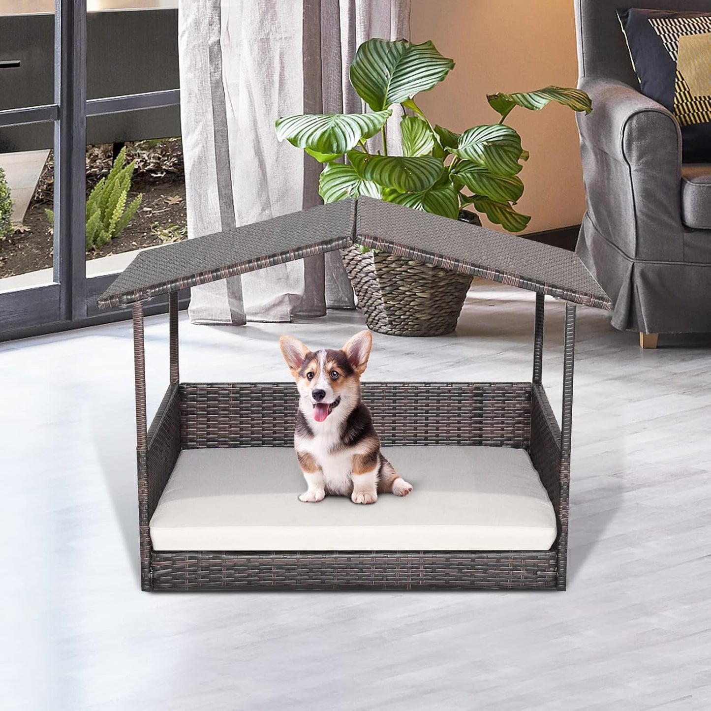 Tangkula Wicker Dog House, Indoor Outdoor Raised Rattan Dog Bed w/Removable Cushion, Washable Cover, Weatherproof Roof, Rattan Puppy Shelter w/Elevated Floor for Small Medium Dogs (White)