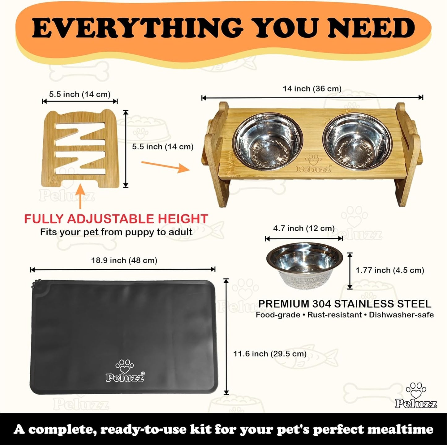 Dog Bowls Elevated Adjustable Height – Bamboo Raised Feeding Stand with Stainless Steel Bowls, for Dogs & Cats, Cat Bowls Elevated, 6 Height Levels, 15° Tilt & Includes Waterproof Feeding Mat