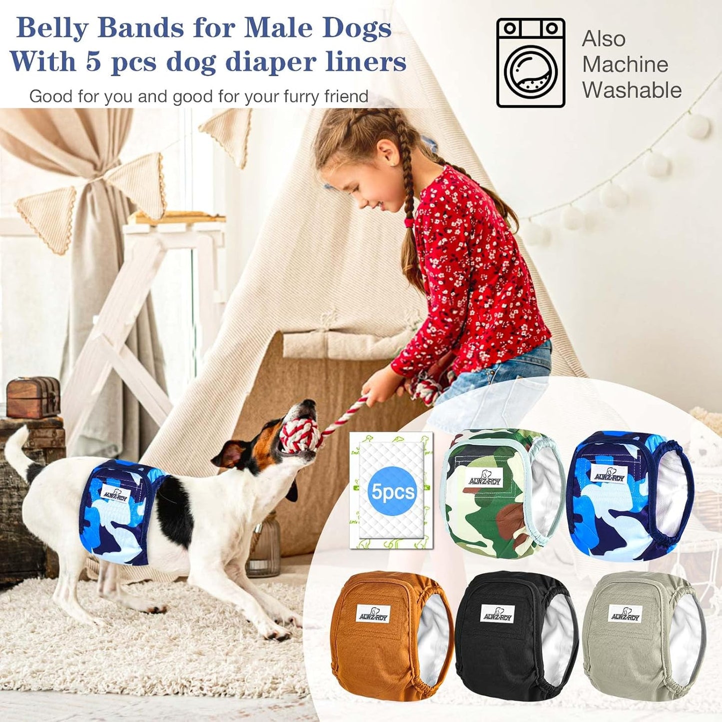 Belly Bands for Male Dogs 5 Pack Washable Dog Diapers Reusable Male Dog Pee Wraps with 5pcs Dog Diaper Liners for Doggie in Incontinence or Excitable Urination and Training, XS
