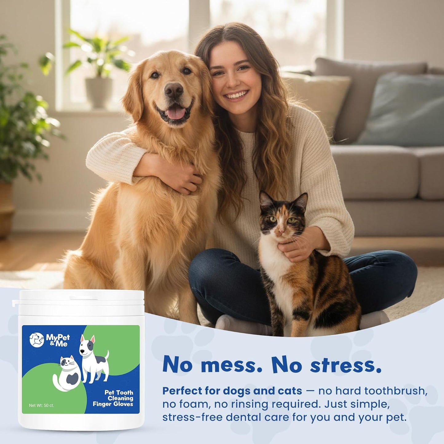 MyPet&Me Dog Dental Wipes, 50 Count - Disposable Finger Tooth Wipes for Dogs and Cats, Textured No-Rinse Cloths for Teeth and Gums, Fits Most Fingers, Travel-Friendly