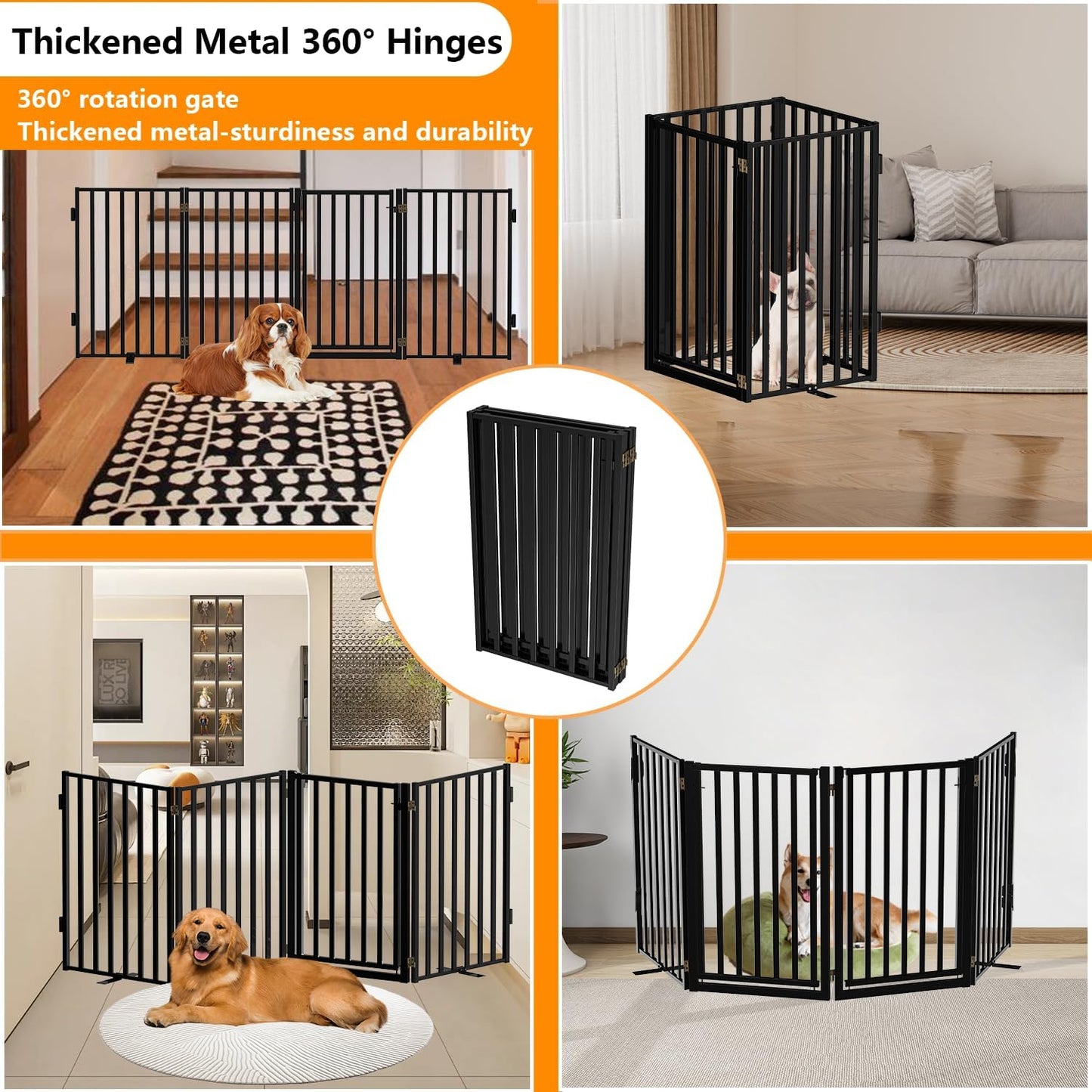Free Standing Dog Gate with Door for Indoor Outdoor, Portable Dog Fence Foldable Design, Metal Black 32" Tall, Expandable 4 Panels Use for Front Door, Yard, Stairs