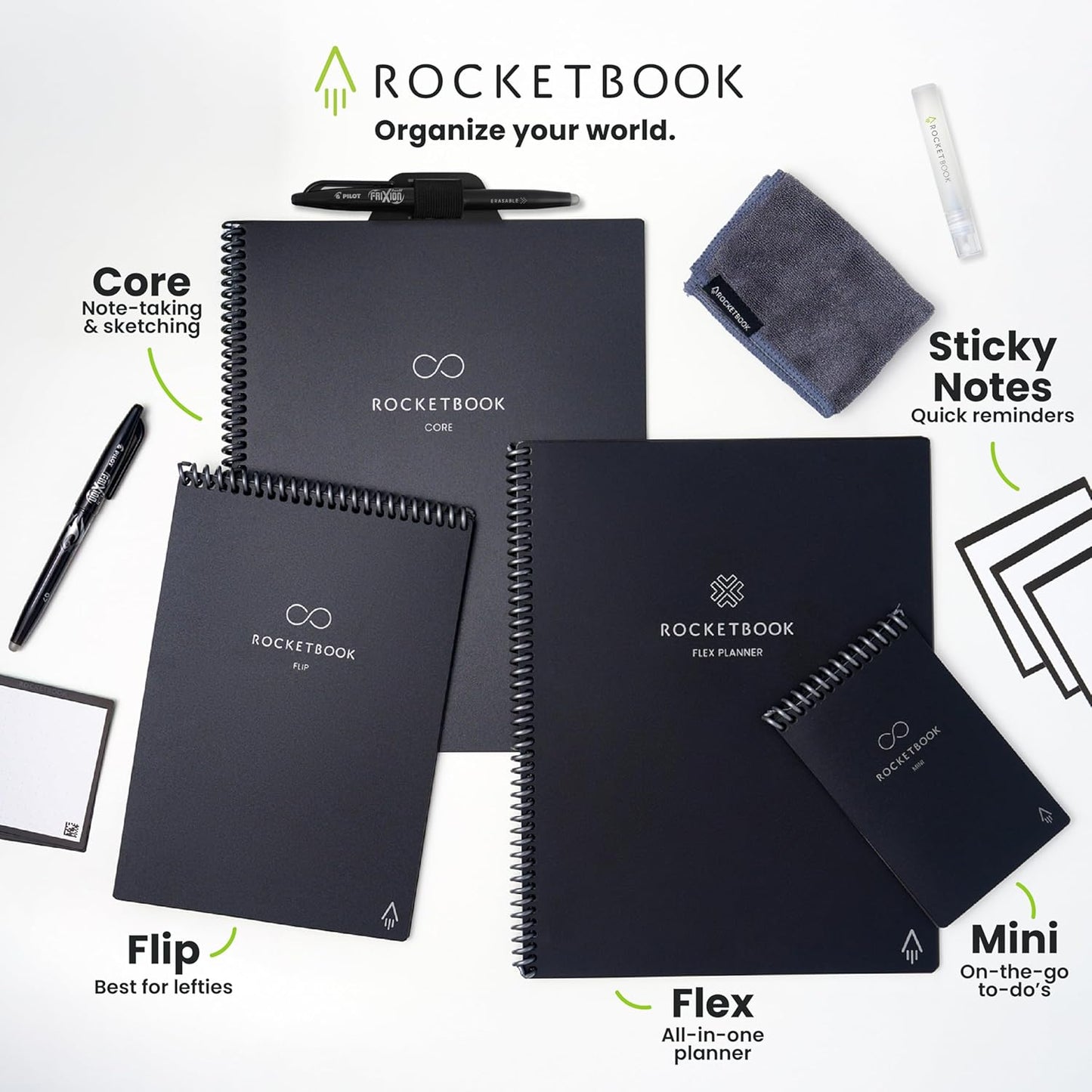 Rocketbook Accessory Kit – Complete Set with 2 FriXion Gel Pens, Spray Bottle, Microfiber Cloth & Pen Dock – Compatible with Rocketbook Notebooks & Planners for Effortless Organization Daily