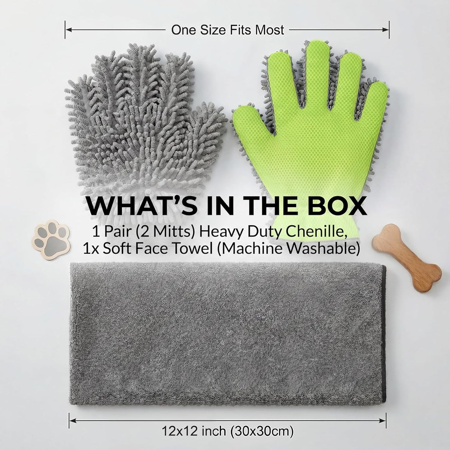Dog Paw Cleaner & Drying Towel Mitts – Super Absorbent Chenille Microfiber Gloves for Muddy Paws, Bathing & Grooming, Soft Pet Foot Washer for Puppy & Large Dogs, Thick 2-Pack with Face Cloth