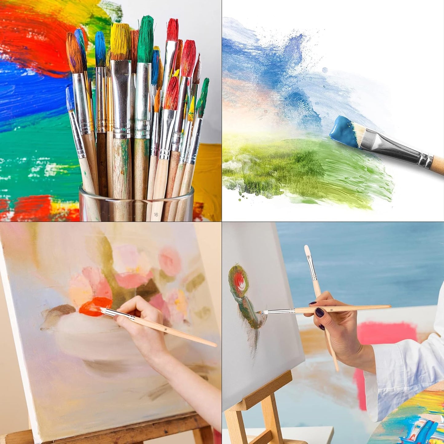 Amazon Basics Multi-shaped Polyester Paint Brushes for Acrylic, Oil, Watercolor, Gouache, Fine Detailing, Face Painting, 24 Count Different Sizes, Wood Color
