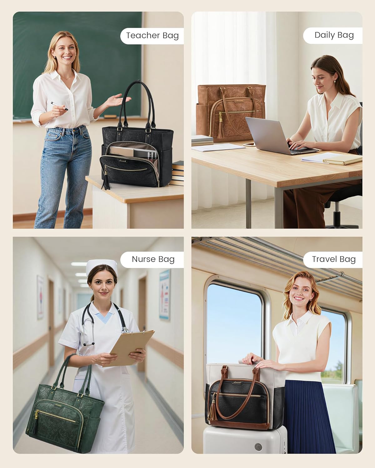 LOVEVOOK Laptop Tote Bag for Women Work, Vintage Leather Teacher Nurse Bag with Large Cup Holder, Bible Handbag Purse GIfs, Waterproof Professional Computer Briefcase for Business Office, 17 Inch