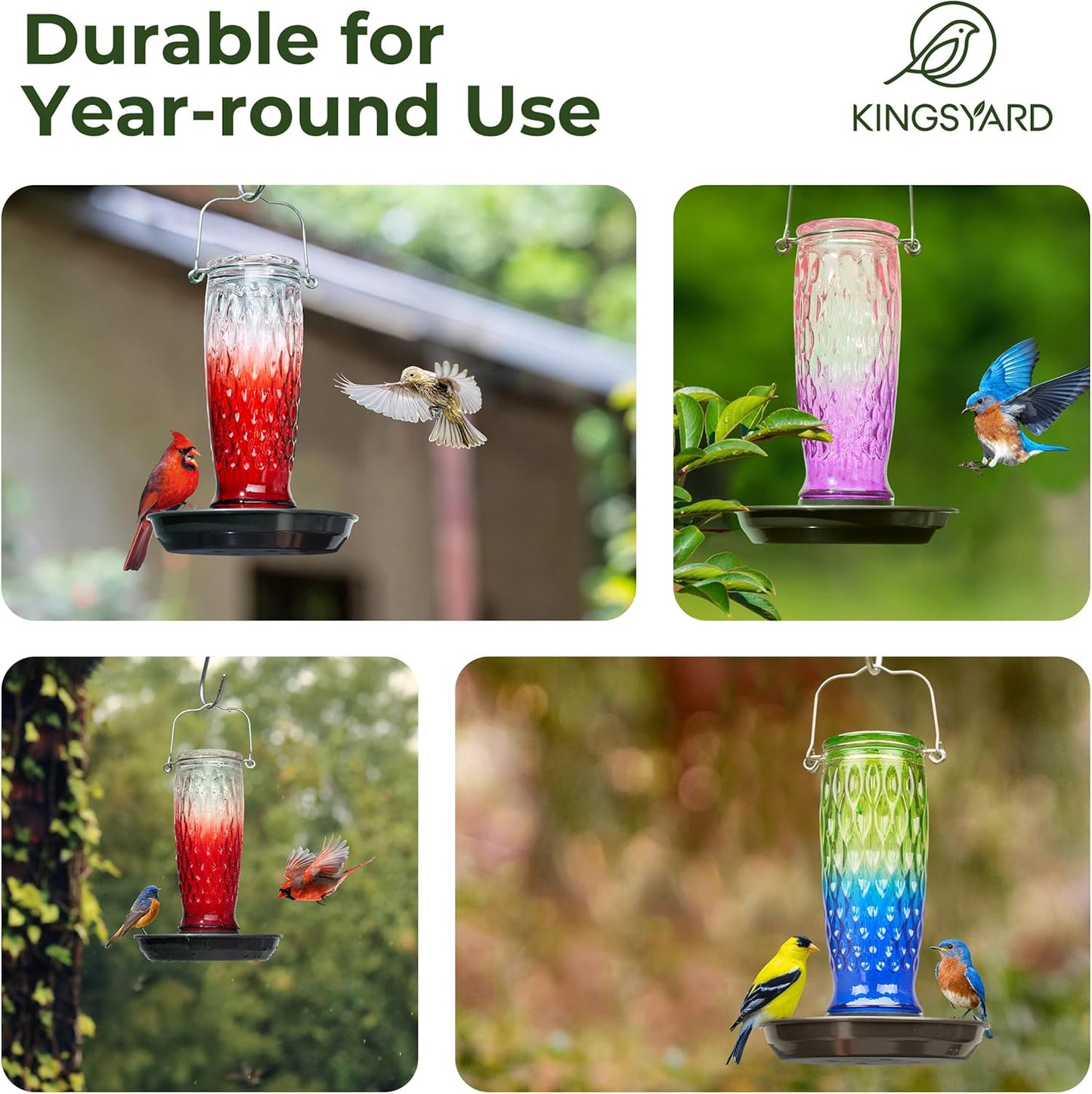 Kingsyard Bird Water Feeder for Outside, 24 Ounce, Glass Bird Water Dispenser with Metal Hanging for Garden Yard Outside Decoration, Green & Blue
