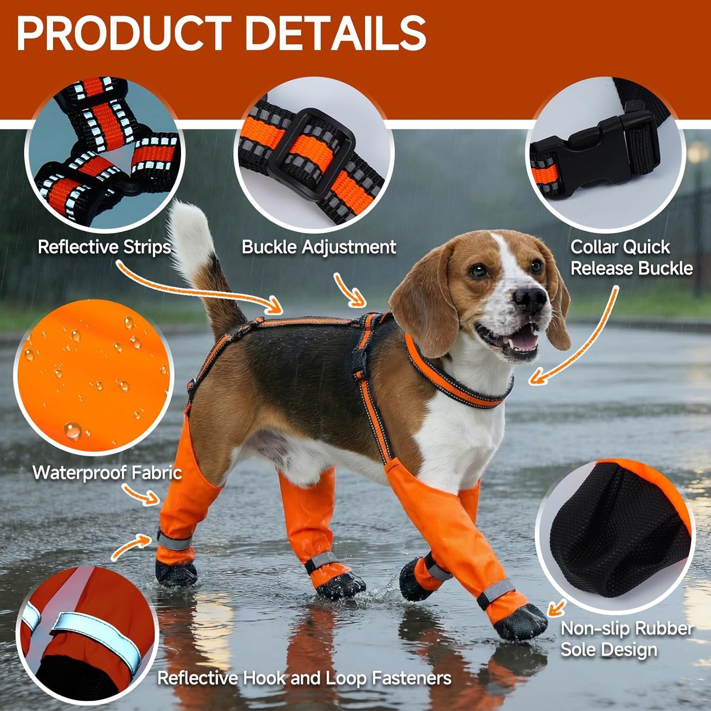Stay-On Dog Suspender Boots for Rain, Snow & Mud, – Reflective & Waterproof Paw Protectors, Adjustable Non-Slip Dirt-Proof Winter Shoes for Walking, Hiking, Running, Orange, Size XL