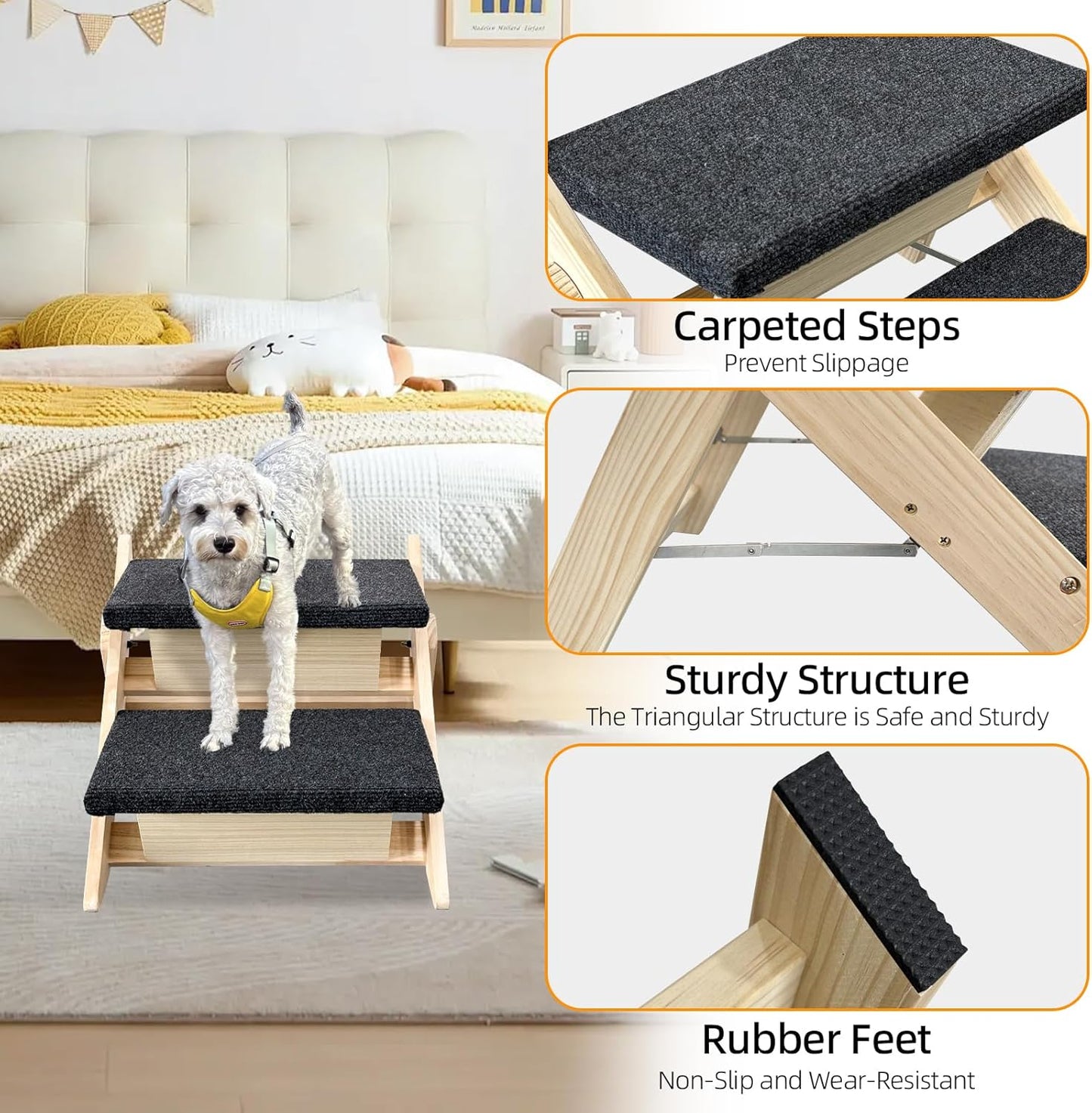 Dog Stairs/Ramp for Bed, Wooden 2-in-1 Foldable Pet Stairs & Ramp, Portable Dog Step Up to 180 Pound for Elderly/Short-Legged Dogs, 2 Steps for Beds, Couch, Cars