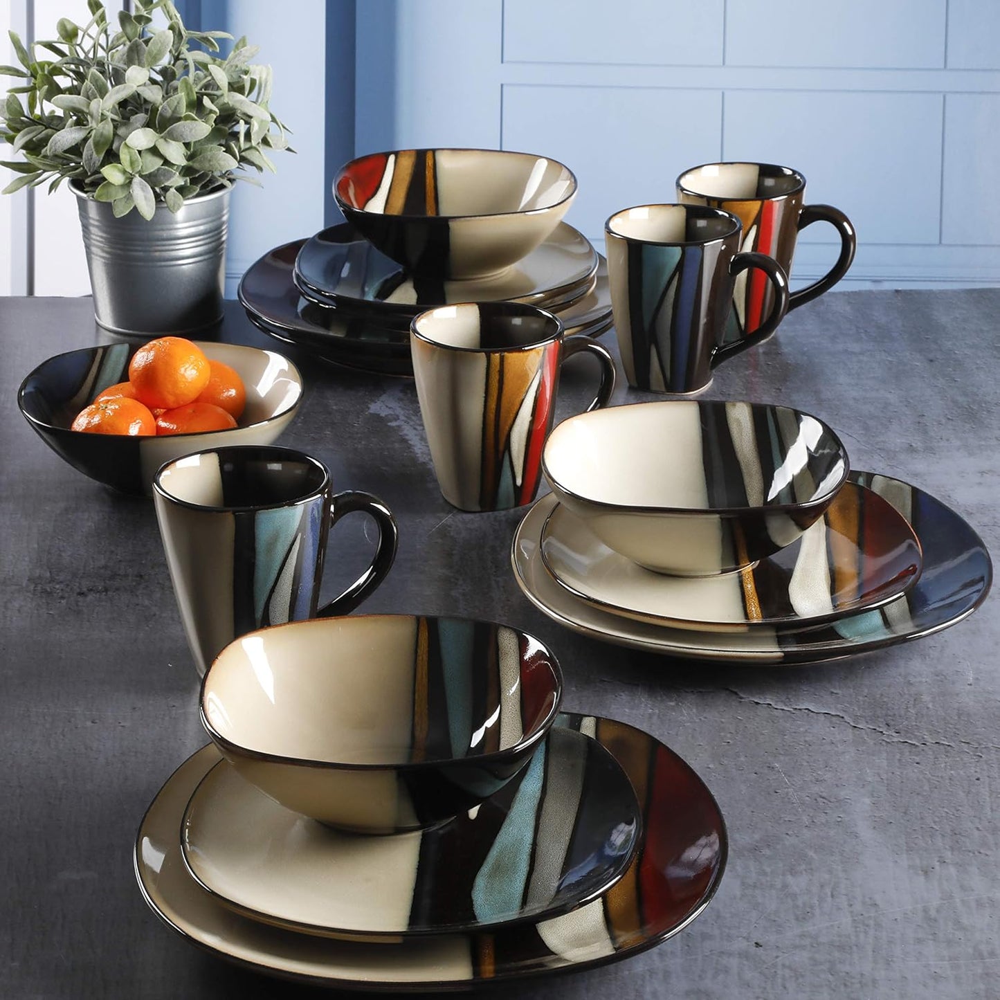 Gibson Elite Althea 16-Piece Teal Reactive Glaze Dinnerware Set – Service for 4, Durable Stoneware Plates and Bowls