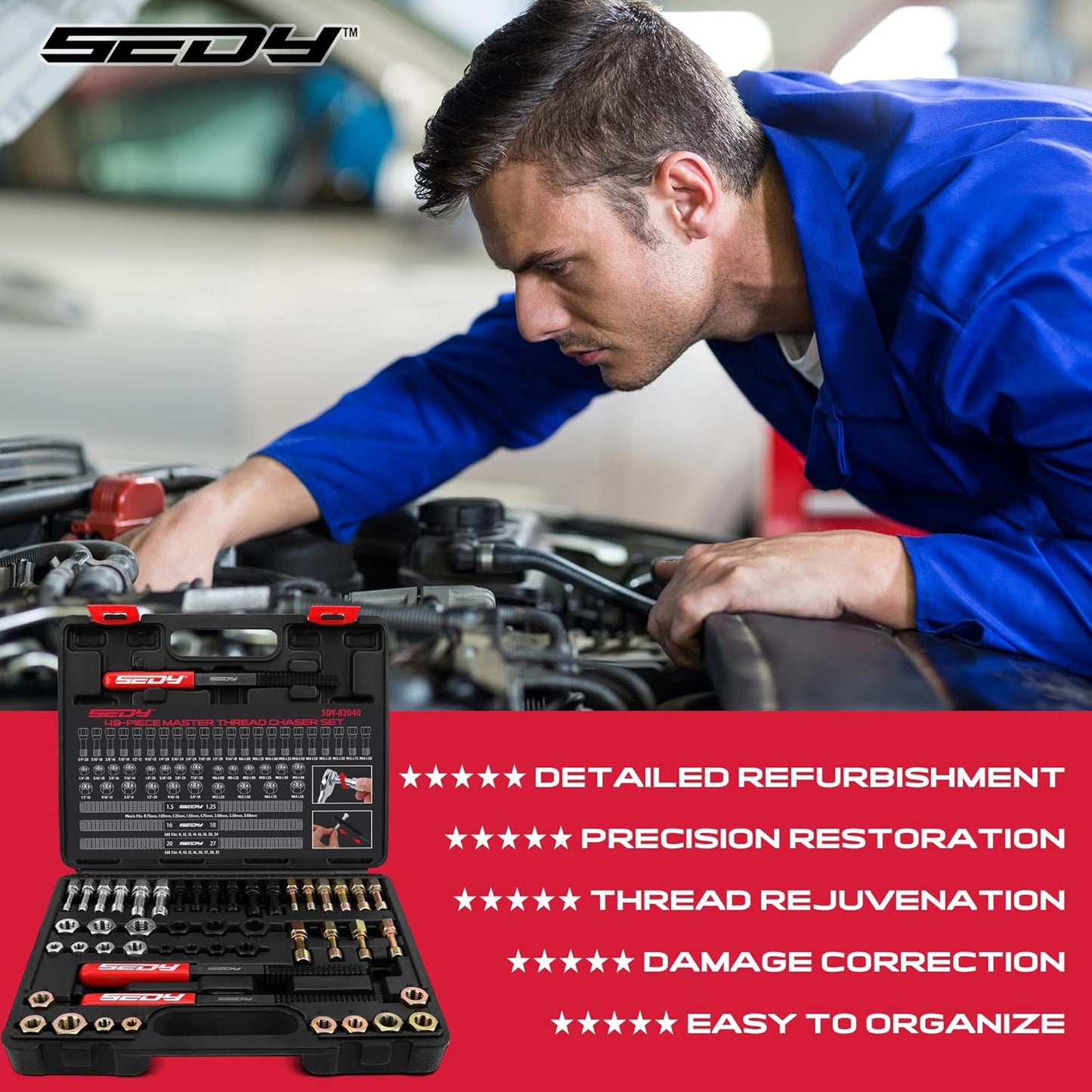 Thread Repair Thread Chaser Tool Set - 49PCS Thread Cleaner Rethreading Master Kit Metric SAE Bolt Restorer File Nut Rethreader Automotive Wheel Stud Spark Plug Engine Standard Screw Threading UNC UNF