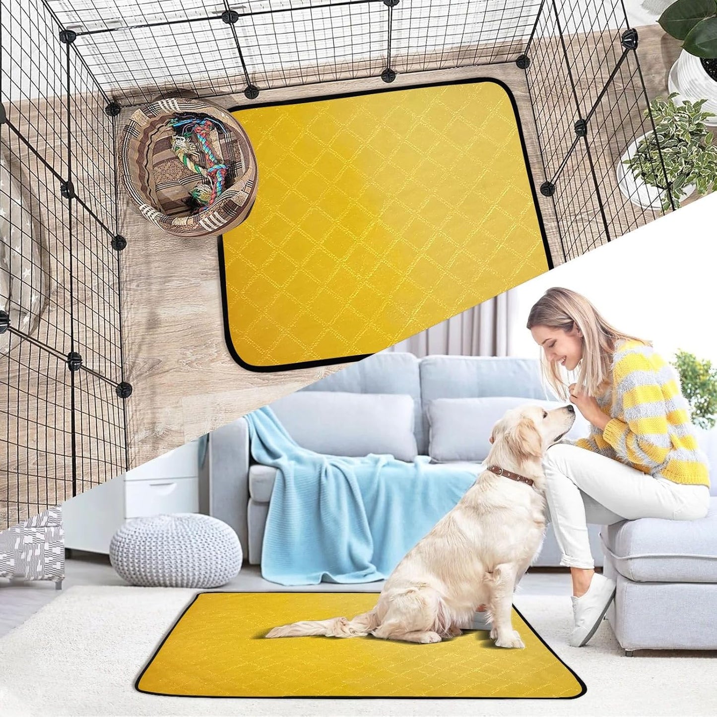 Lemon Yellow Washable Pee Pads for Dogs,Absorbent Reusable Puppy Pads Pet Training Pads for Whelping, Playpen, Crate, Bed M+L