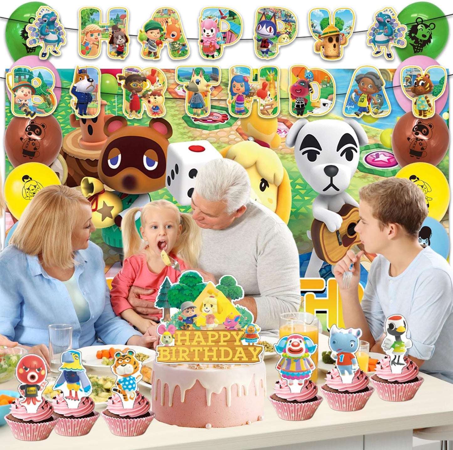 42pcs Animal-Crossing Birthday Party Supplies Pack Includes,Banner,Cake Topper,Blackdrop,Balloons for party supplies