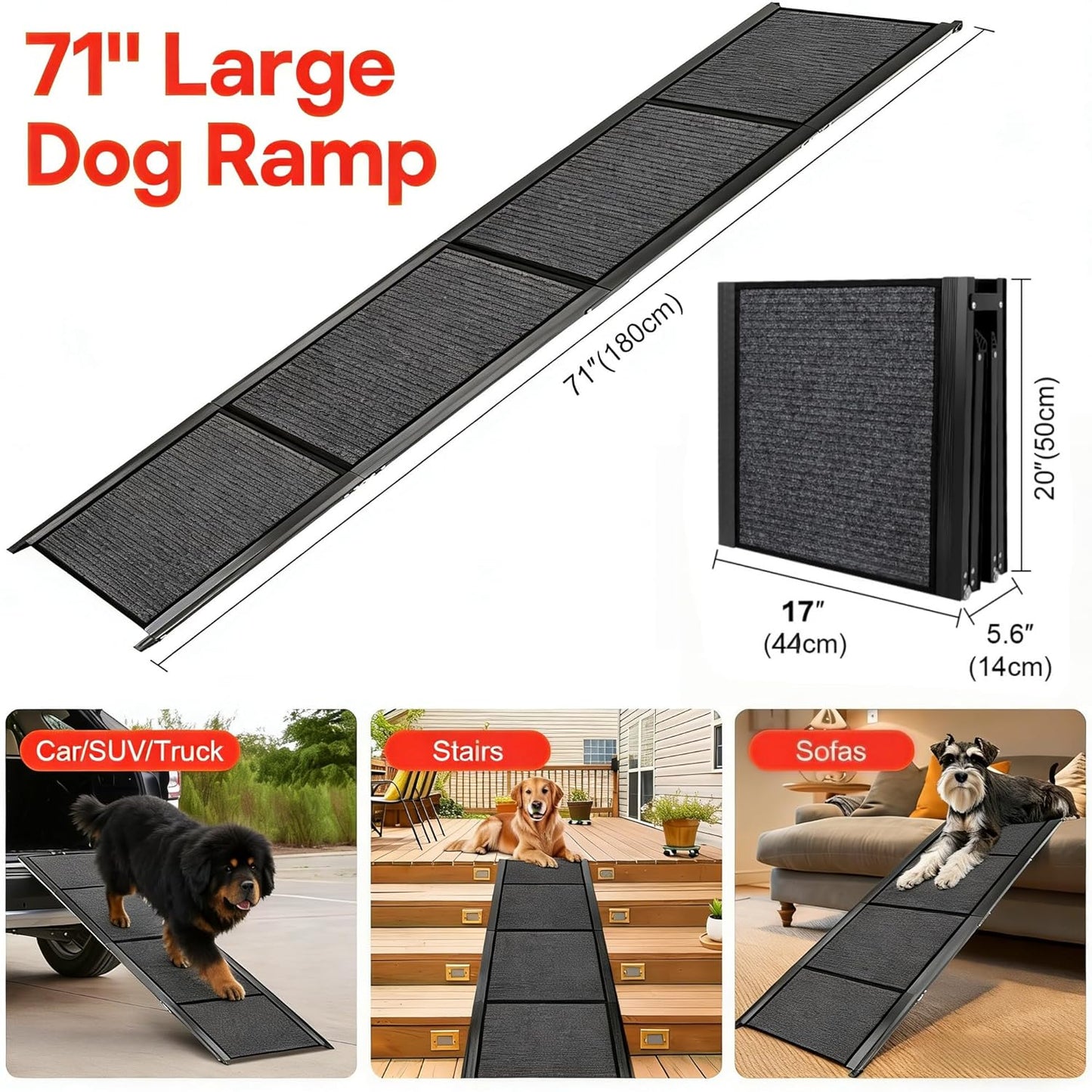 Dog Ramp for Large Pets, 71'' * 17'' Felt Surface Pet Car Ramp & Stairs, Non-Slip Design Protects Joints, Portable 300 Lbs Capacity for SUV, Truck, High Profile Vehicles