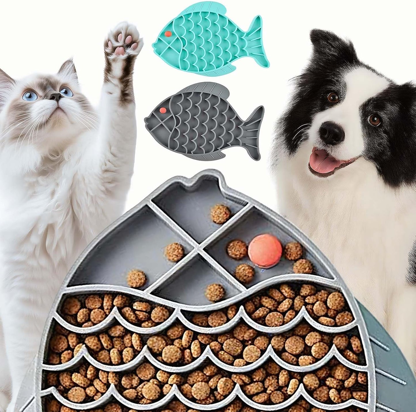 2 Pack Slow Feeder Cat Bowls β Fish-Shaped Silicone Puzzle Feeders for Cats & Small Dogs, Non-Slip Lick Mat for Healthy Eating, Boredom & Anxiety Relief (Blue and Gray)