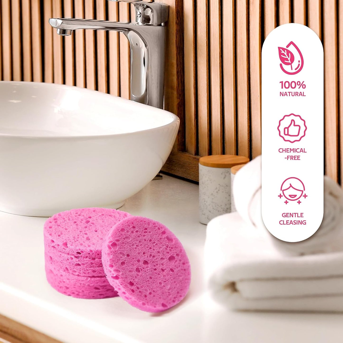 GAINWELL 50-Count Compressed Facial Sponge for Daily Facial Cleansing and Exfoliating, 100% Natural Cosmetic Spa Sponges for Makeup Remover, Reusable, Pink