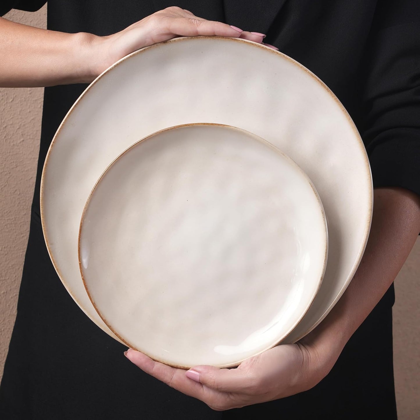 Karaca Aria Reactive Stoneware Plates & Bowls Sets - Ceramic Dinnerware Sets for 6, 24 Piece Microwave Safe Dish Set incl. Dinner Plate Set with Pasta Bowls, Side Plates and Cereal Bowl - Beige