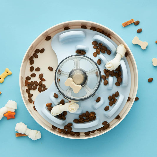 PetDreamHouse Spin Interactive Slow Feeder Bowl for Dogs - UFO Blue - Skill Level: Tricky - Fun and Healthy Feeding with Movable, Adjustable Center Puzzle Piece for All Dogs and Food Types